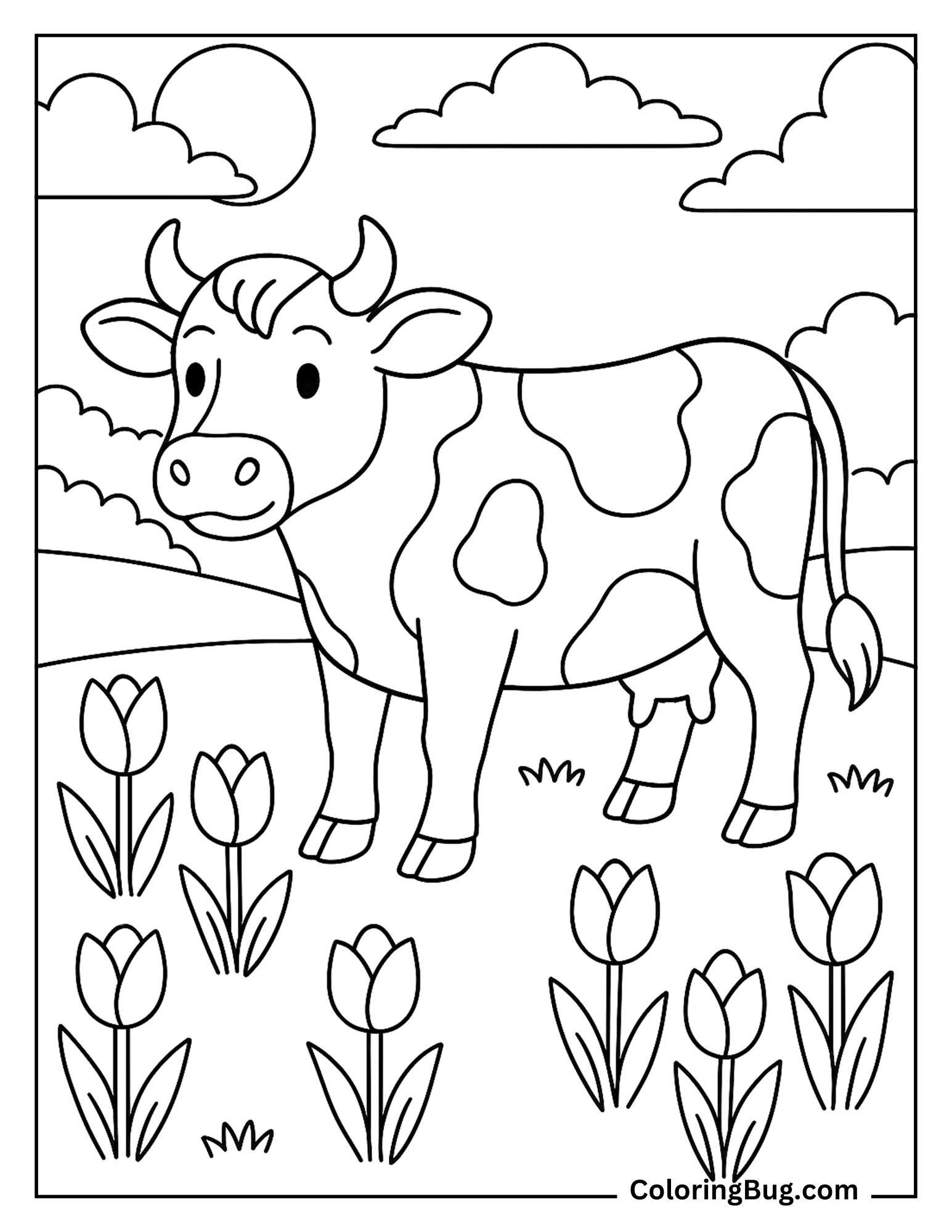 Cow in a Spring Field With Blooming Tulips Coloring Sheet