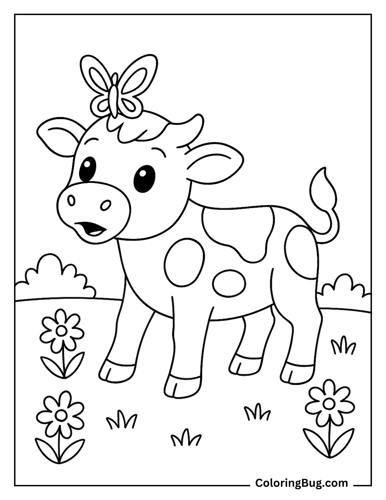 Curious Calf With Butterfly Perched on Its Head Coloring Sheet