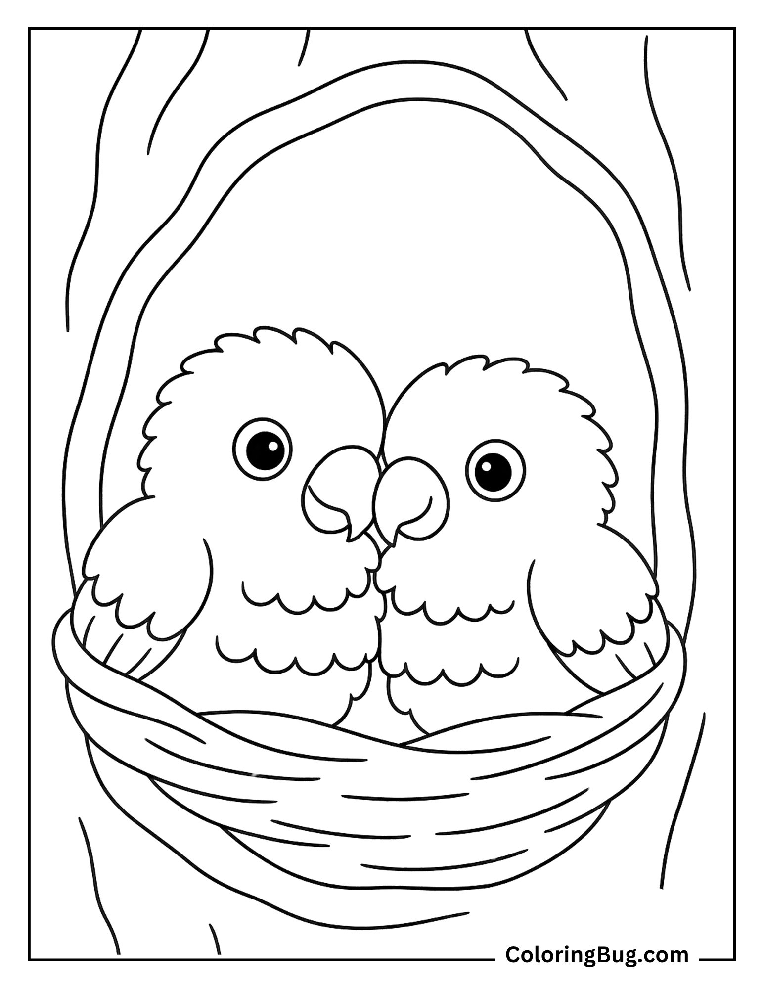Cute Baby Parrots Cuddling in Cozy Nest Coloring Sheet