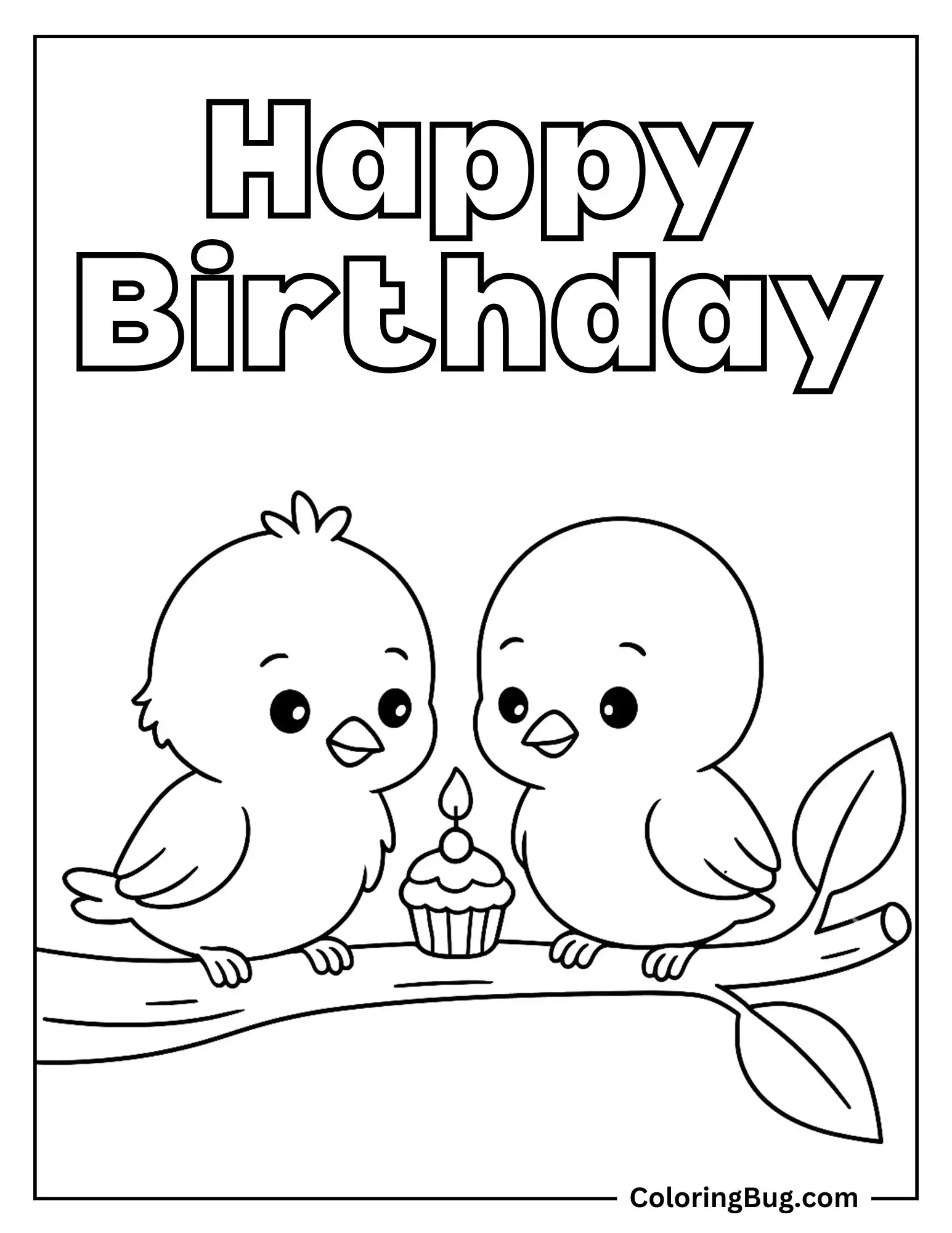 Cute Birds Celebrating Birthday on Tree Brunch Coloring Sheet