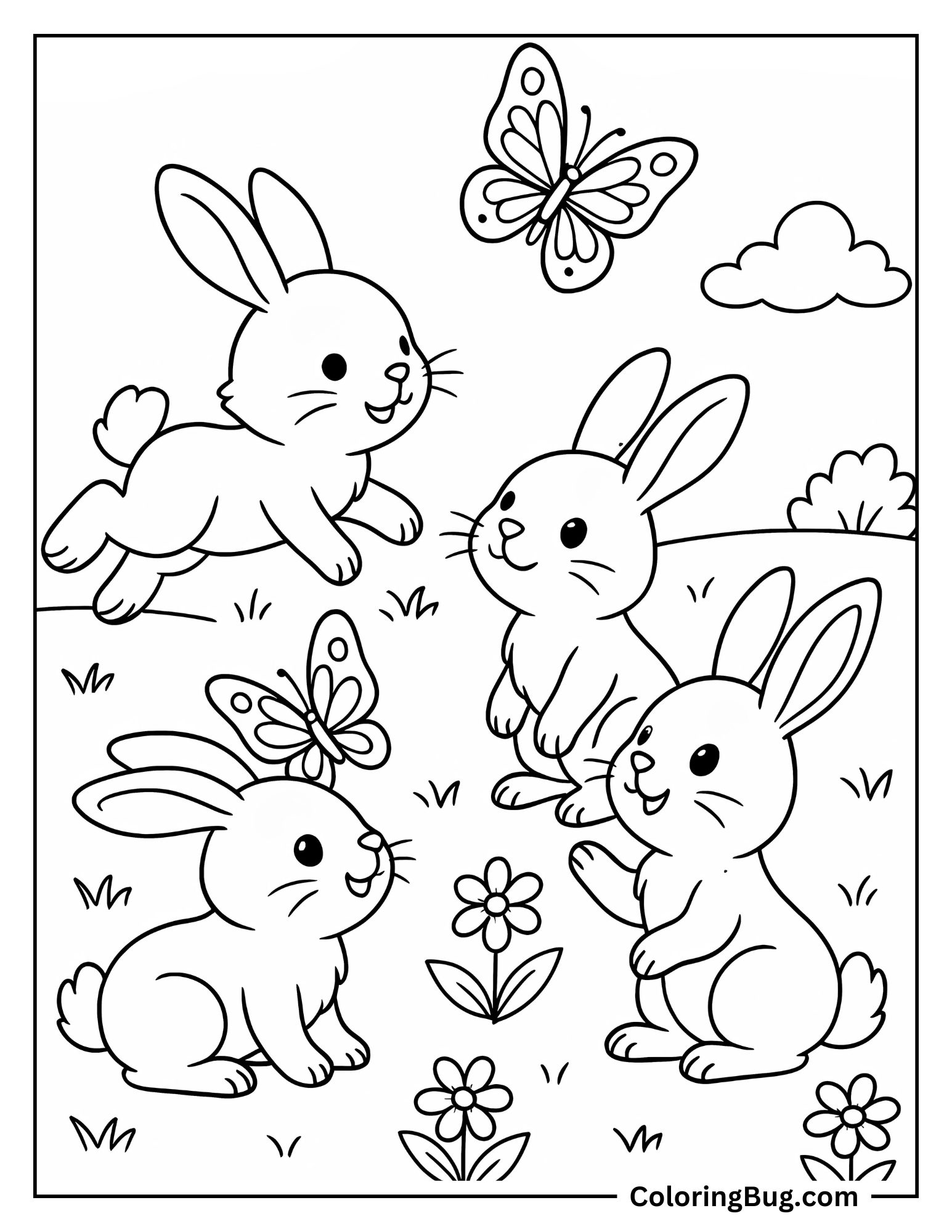 Cute Bunnies Playing With Butterflies Coloring Sheet