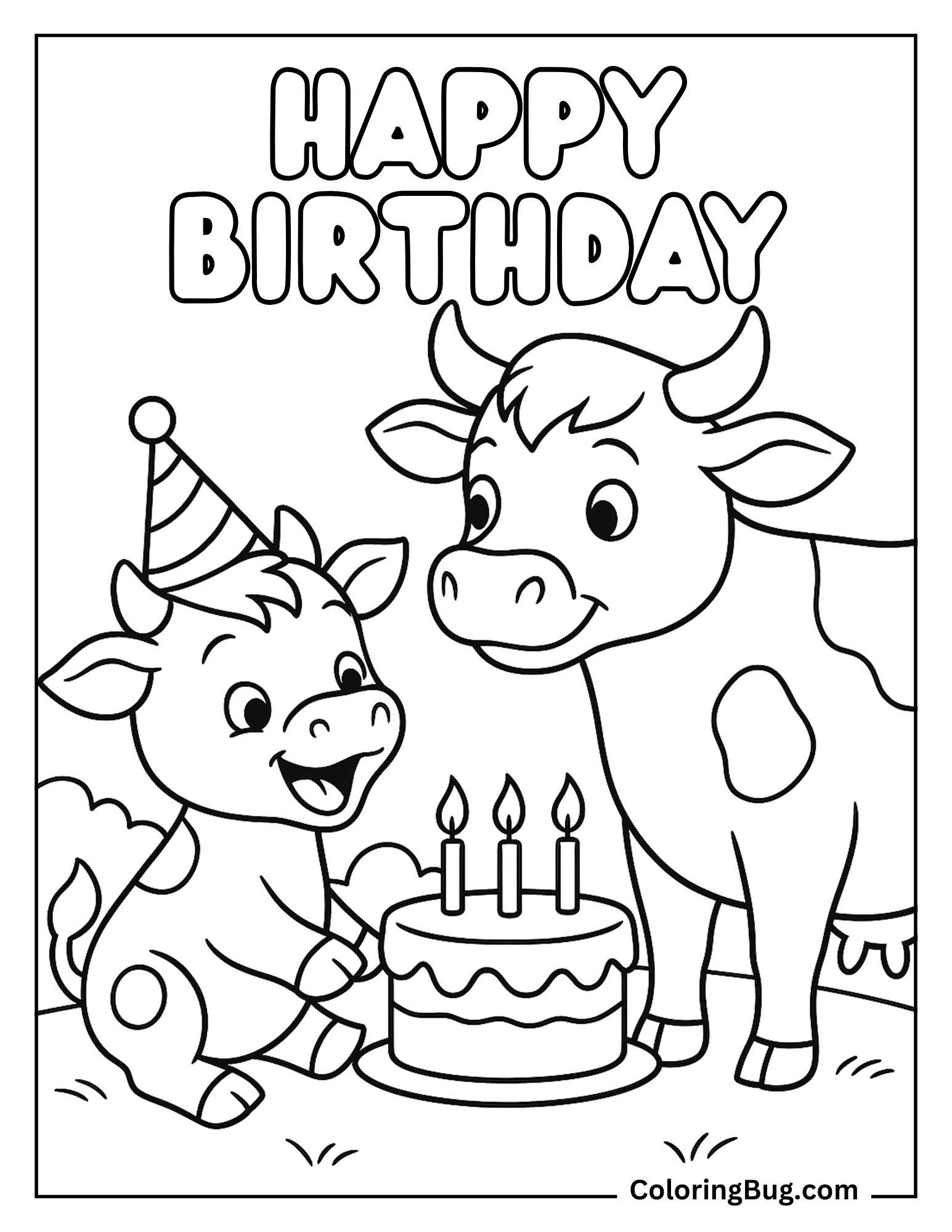 Cute Calf Celebrating Birthday Coloring Sheet