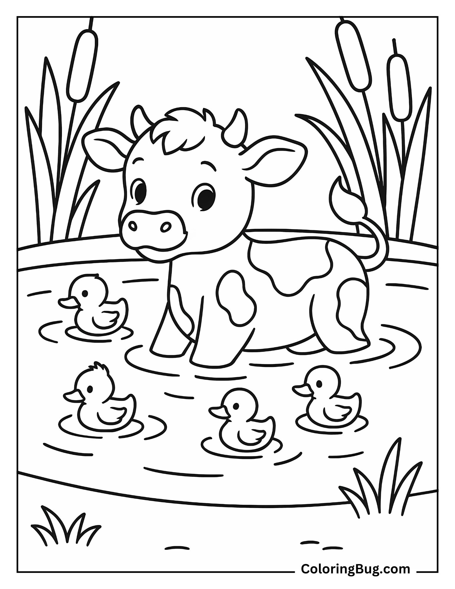 Cute Cow in Pond With Cute Ducklings Coloring Sheet