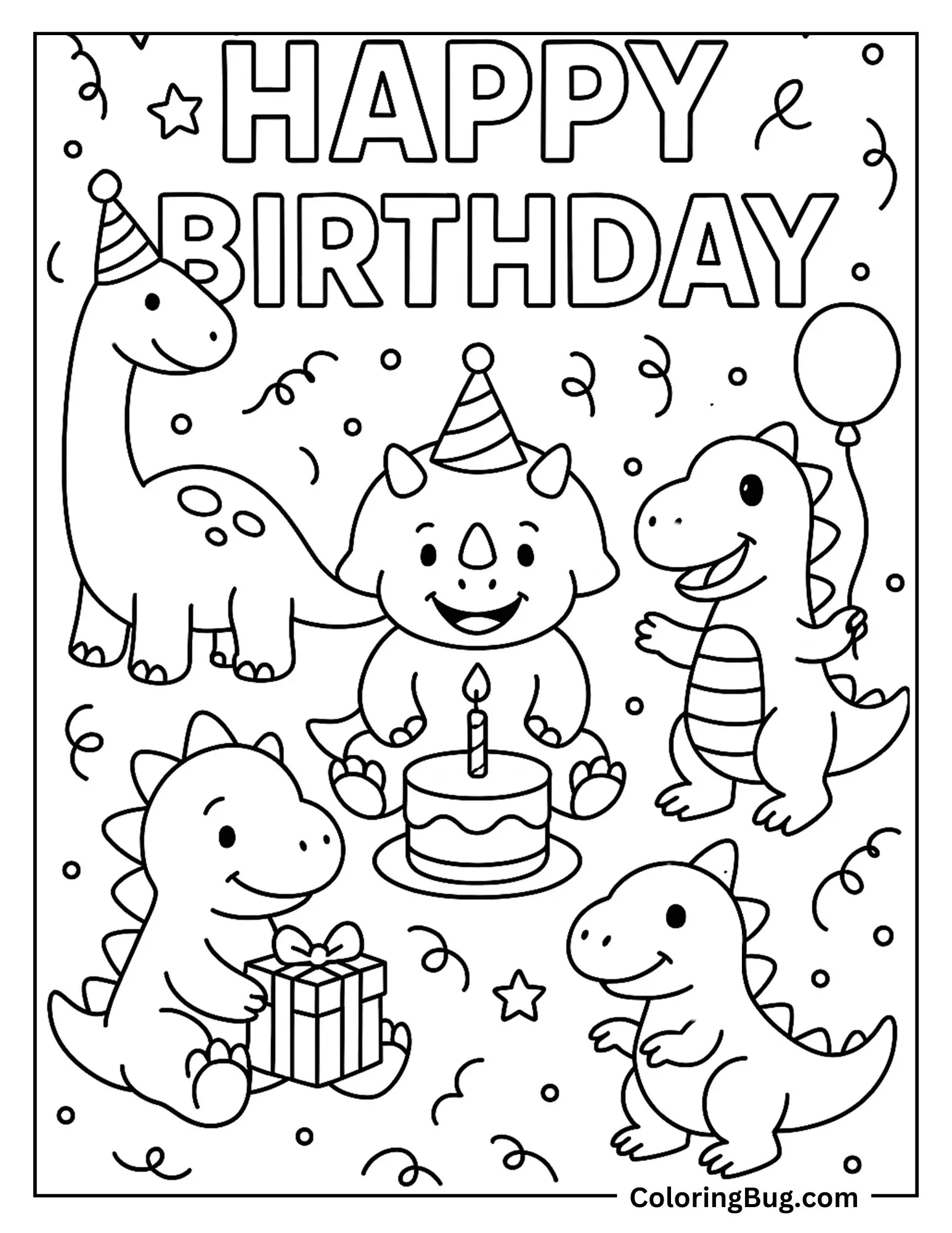 Cute Dinosaurs Celebrating Birthday Coloring Sheet