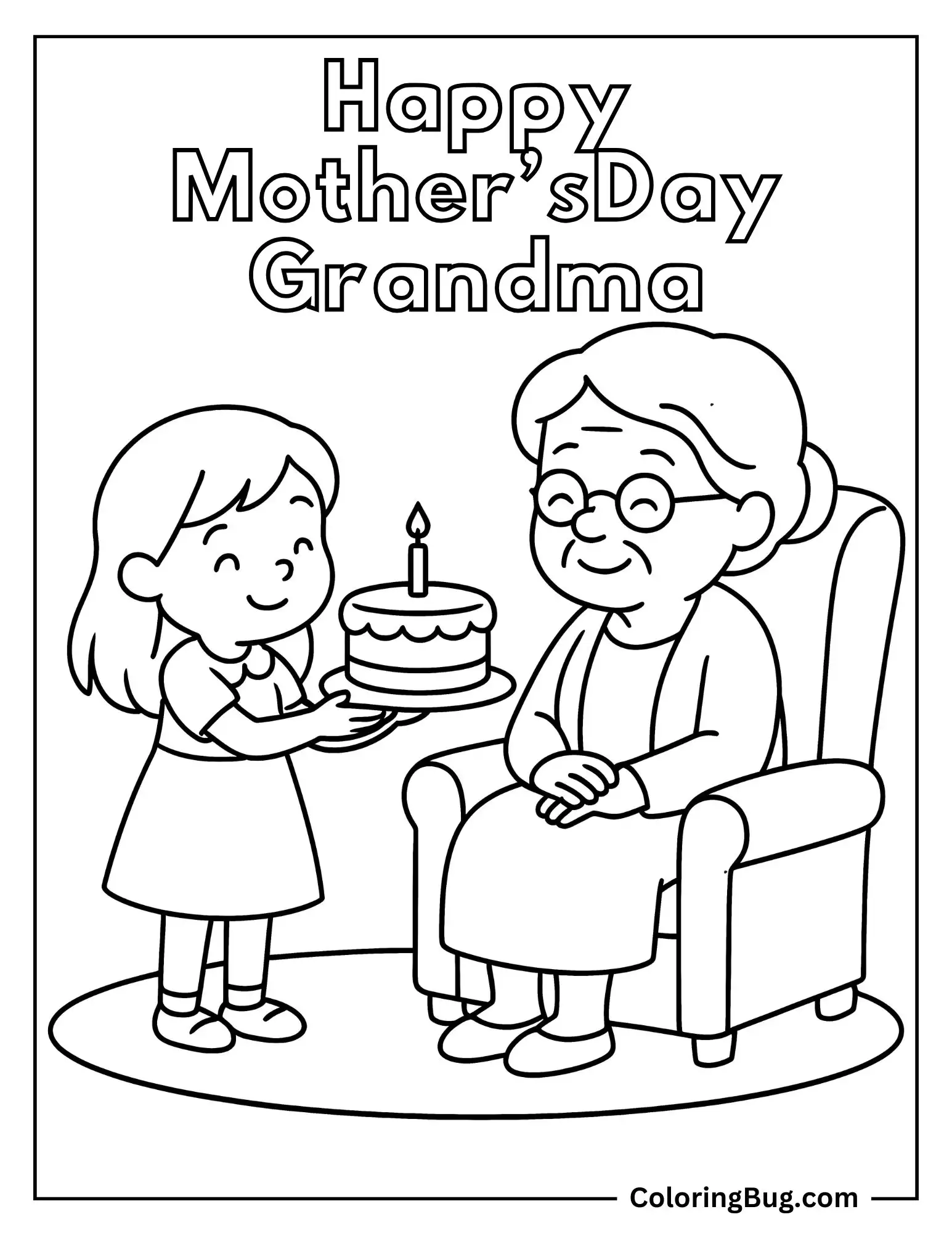 Cute Girl Presenting Birthday Cake To Grandma Coloring Sheet