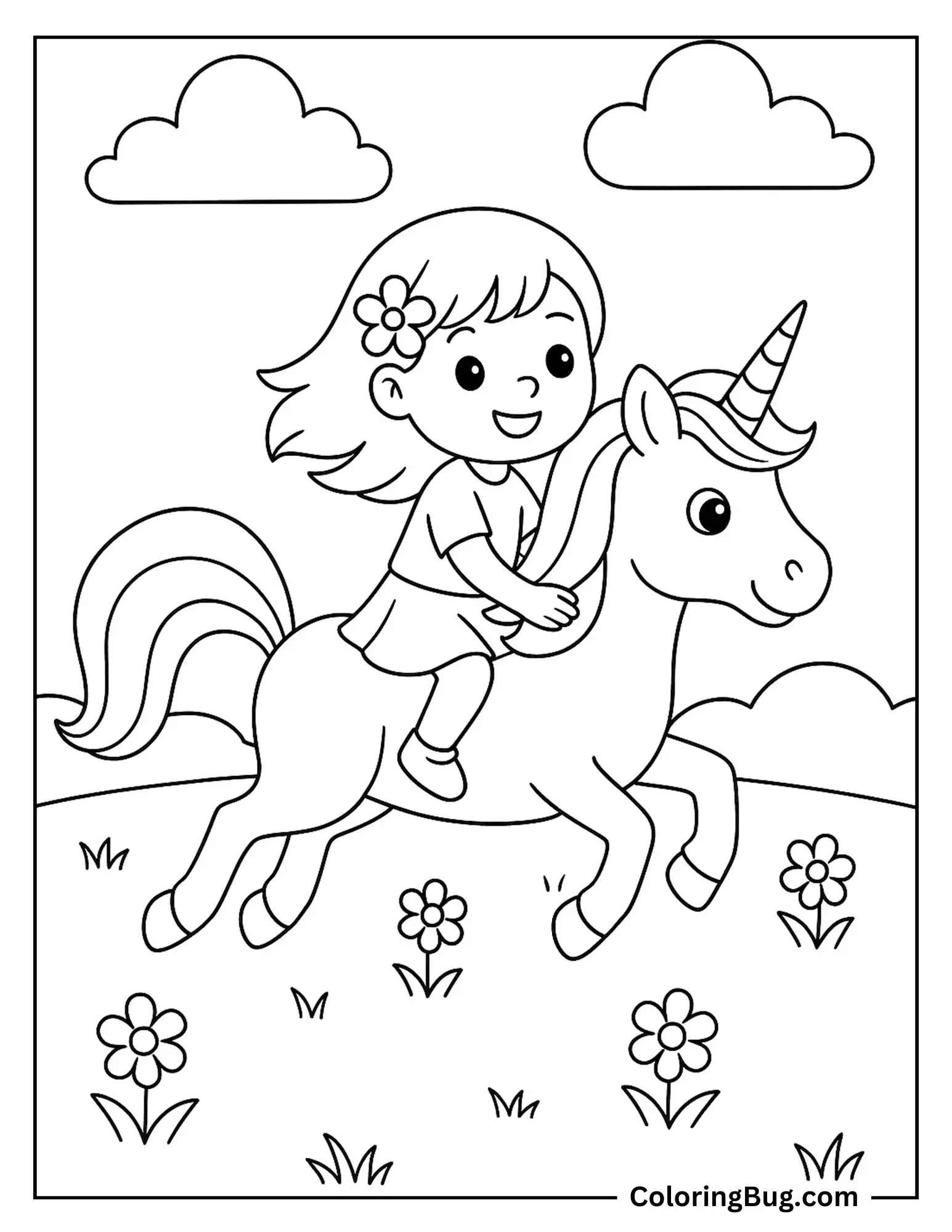 Cute Girl Riding on Unicorn Coloring Sheet