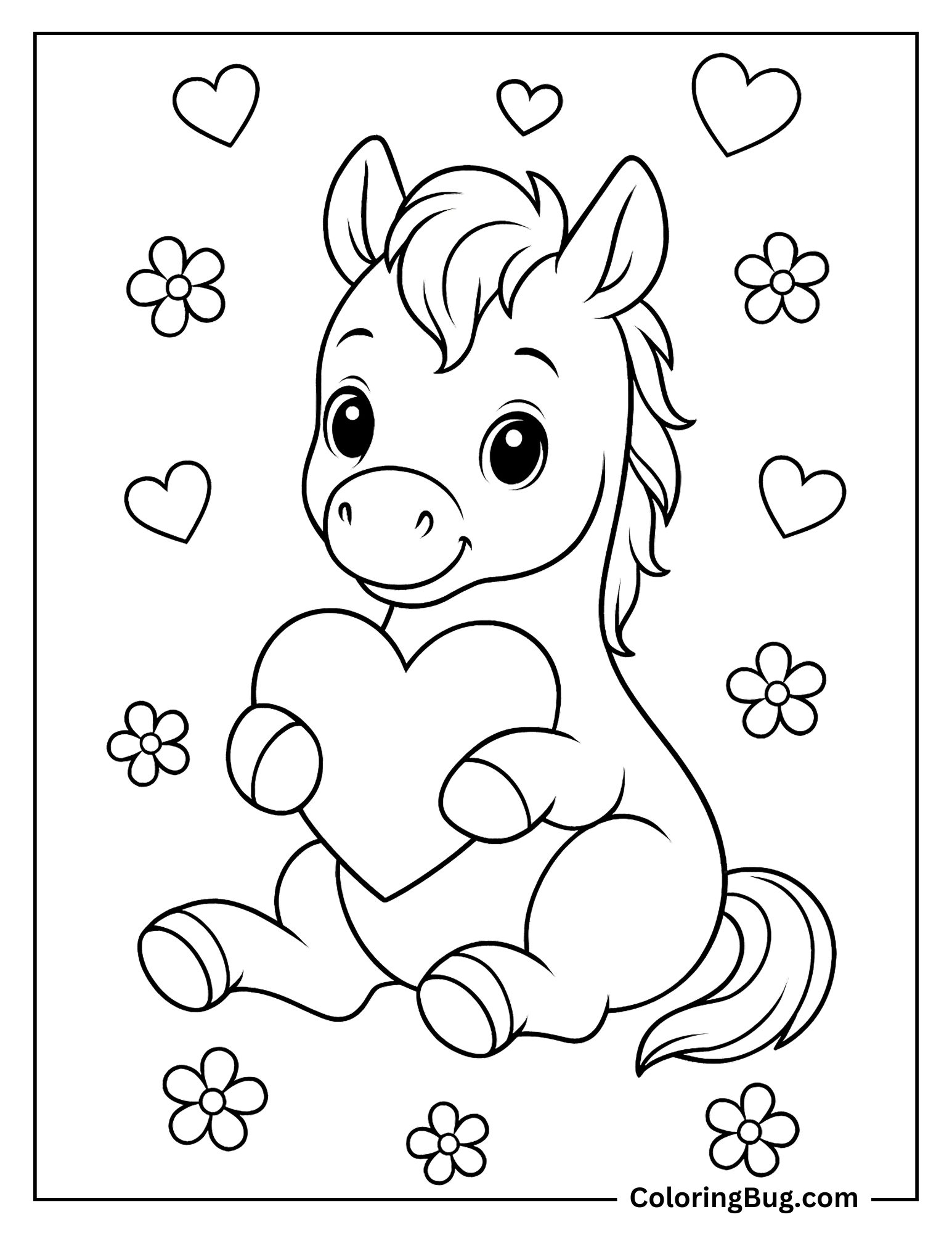 Cute Horse Holding Heart Coloring Sheet