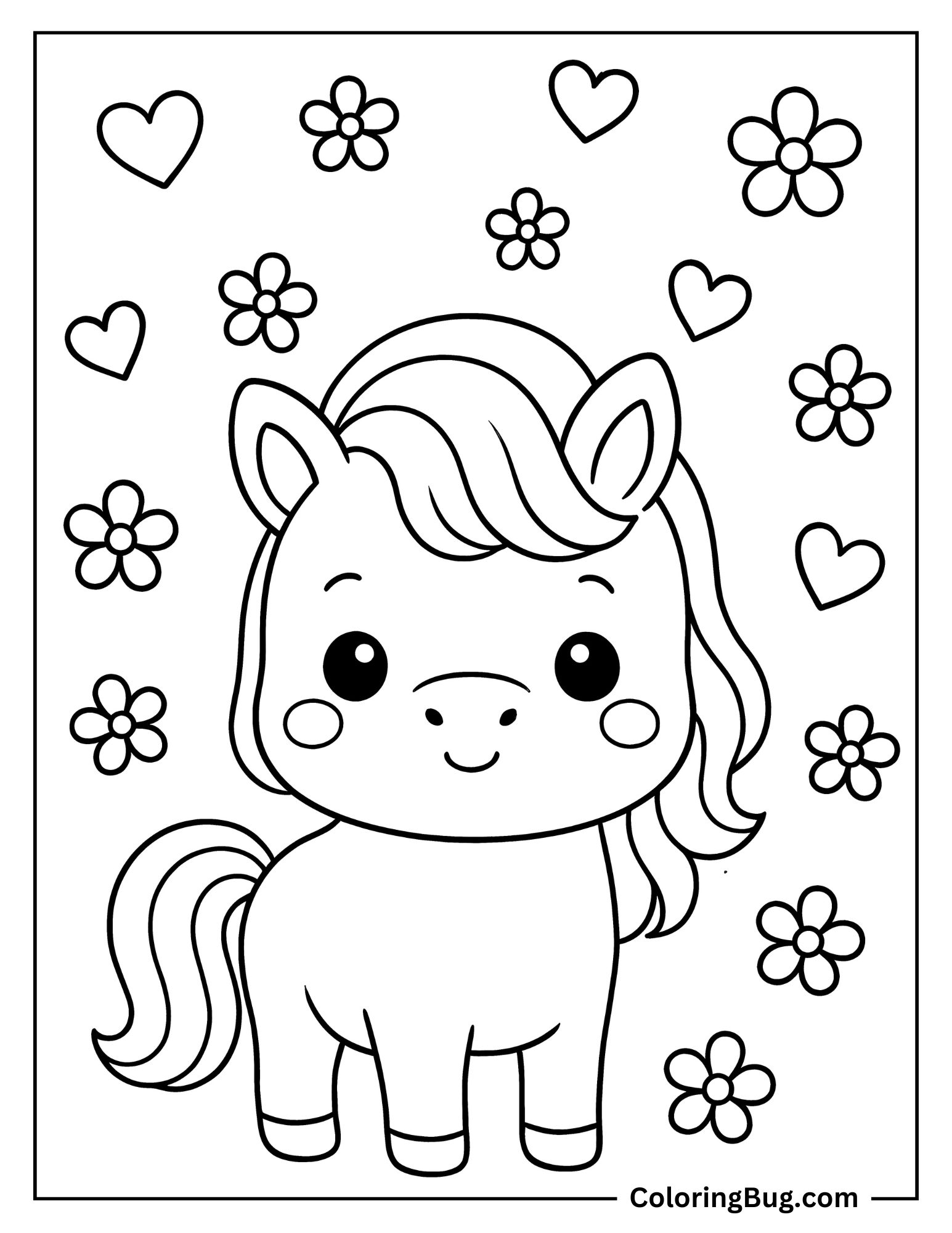 Cute Horse Surrounded By Hearts And Flowers Coloring Sheet (1)