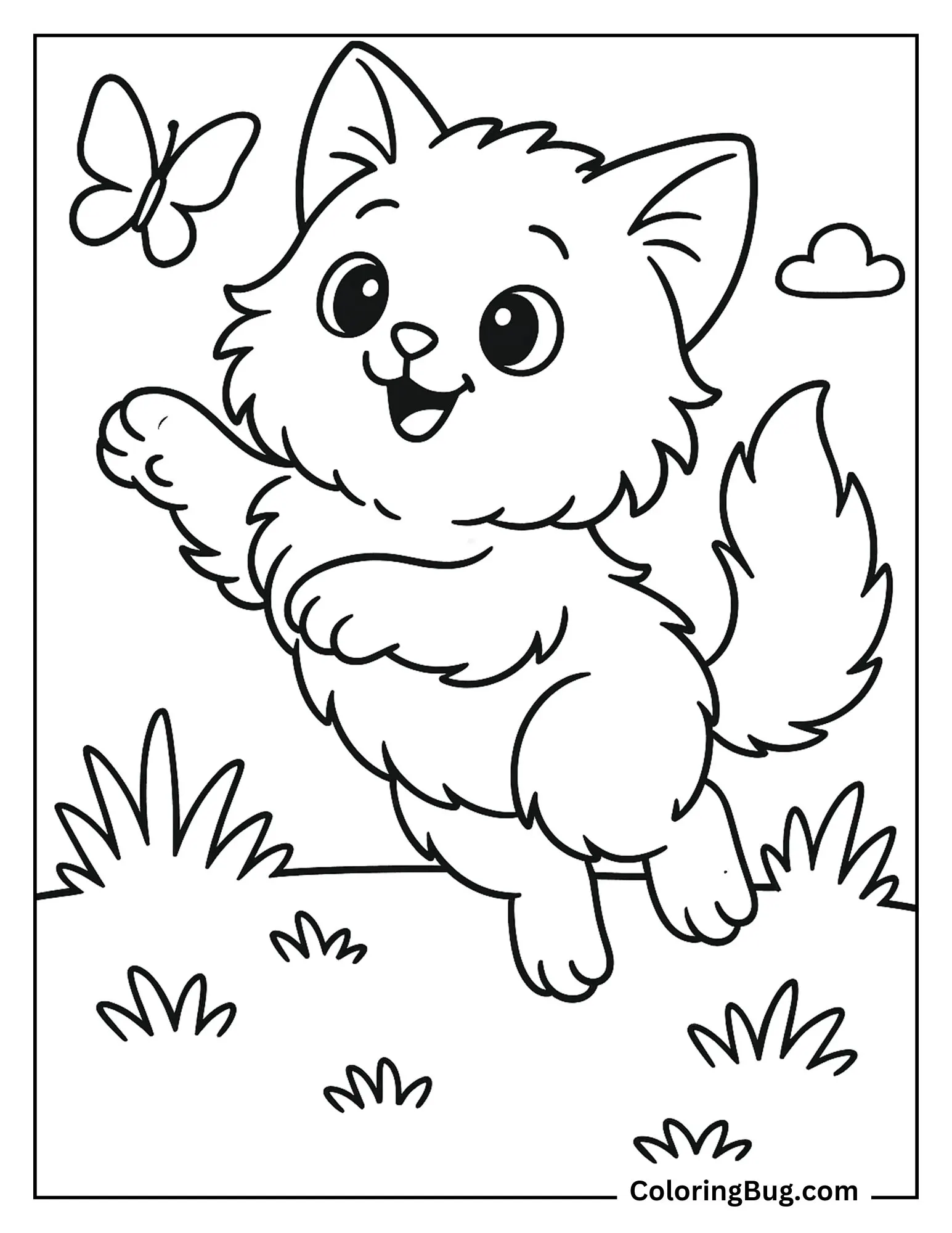 Cute Kitten Jumping After a Butterfly coloring Sheet