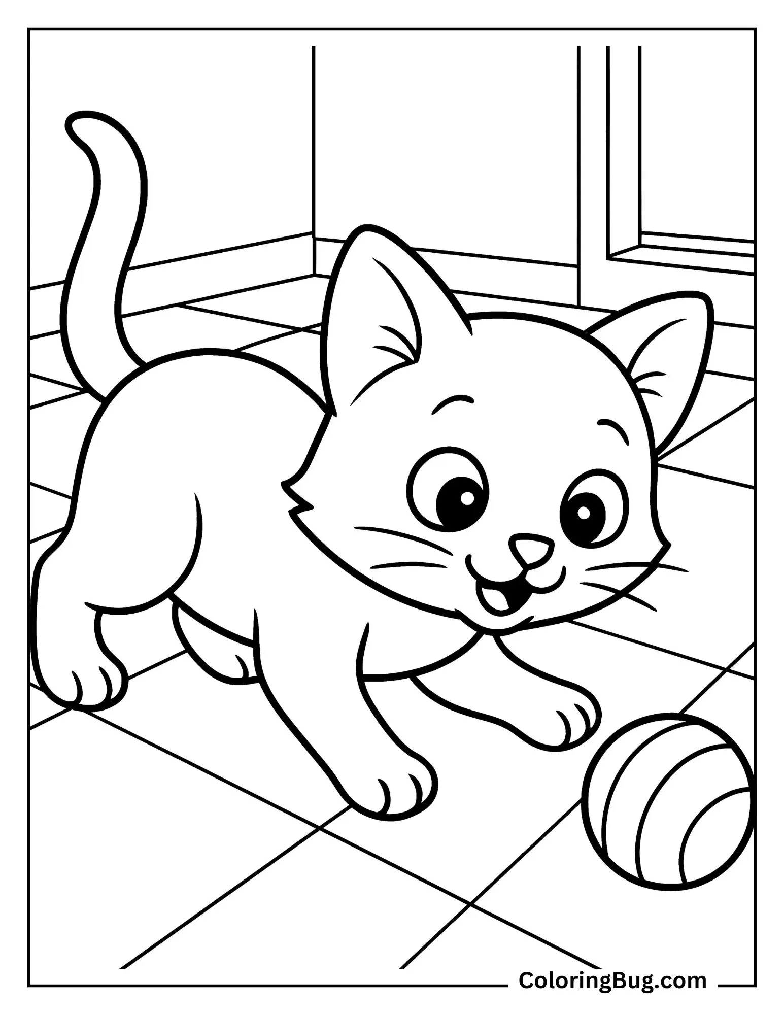 Cute Kitten Playing With Ball coloring Sheet