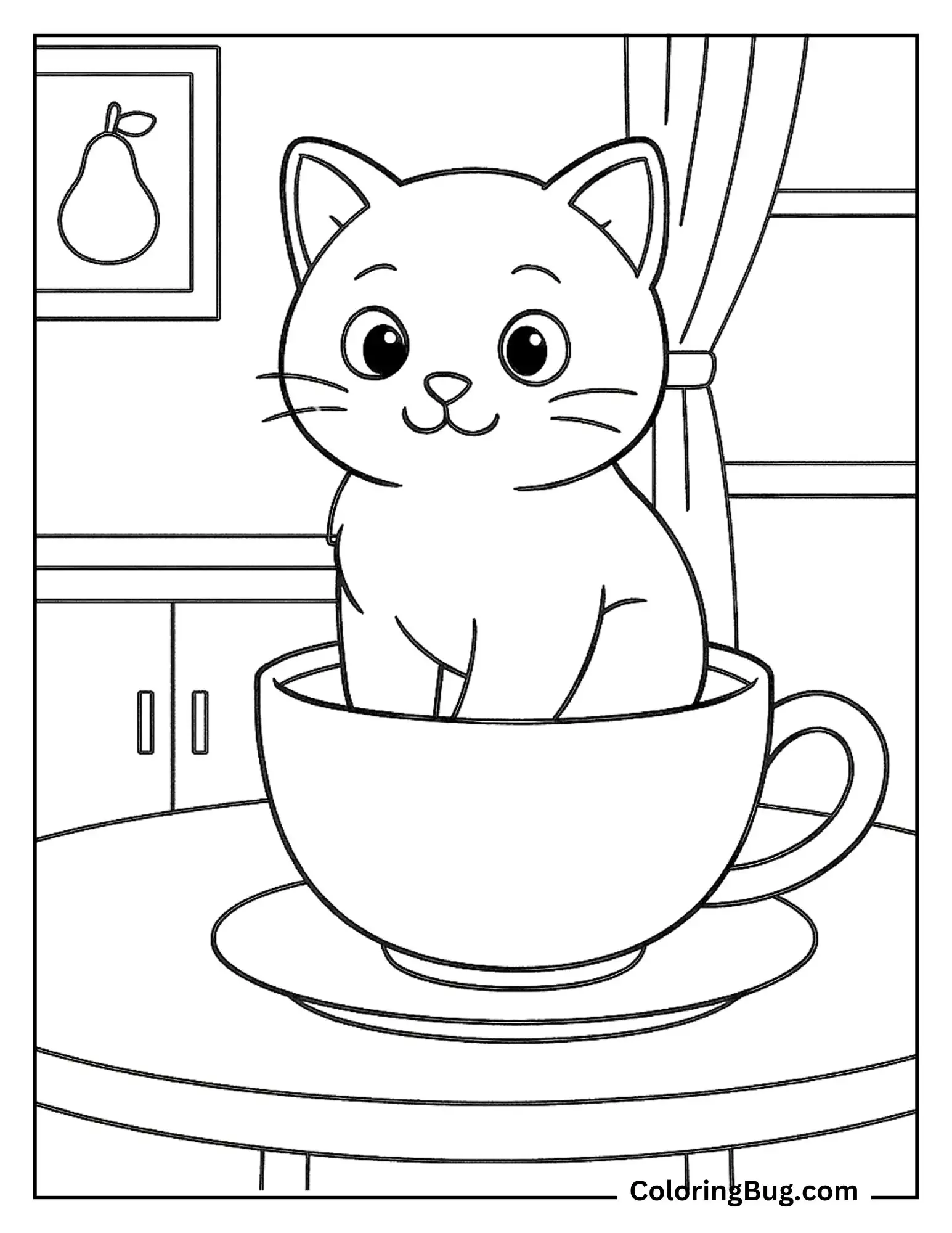 Cute Kitten Sitting Inside Cup coloring Sheet