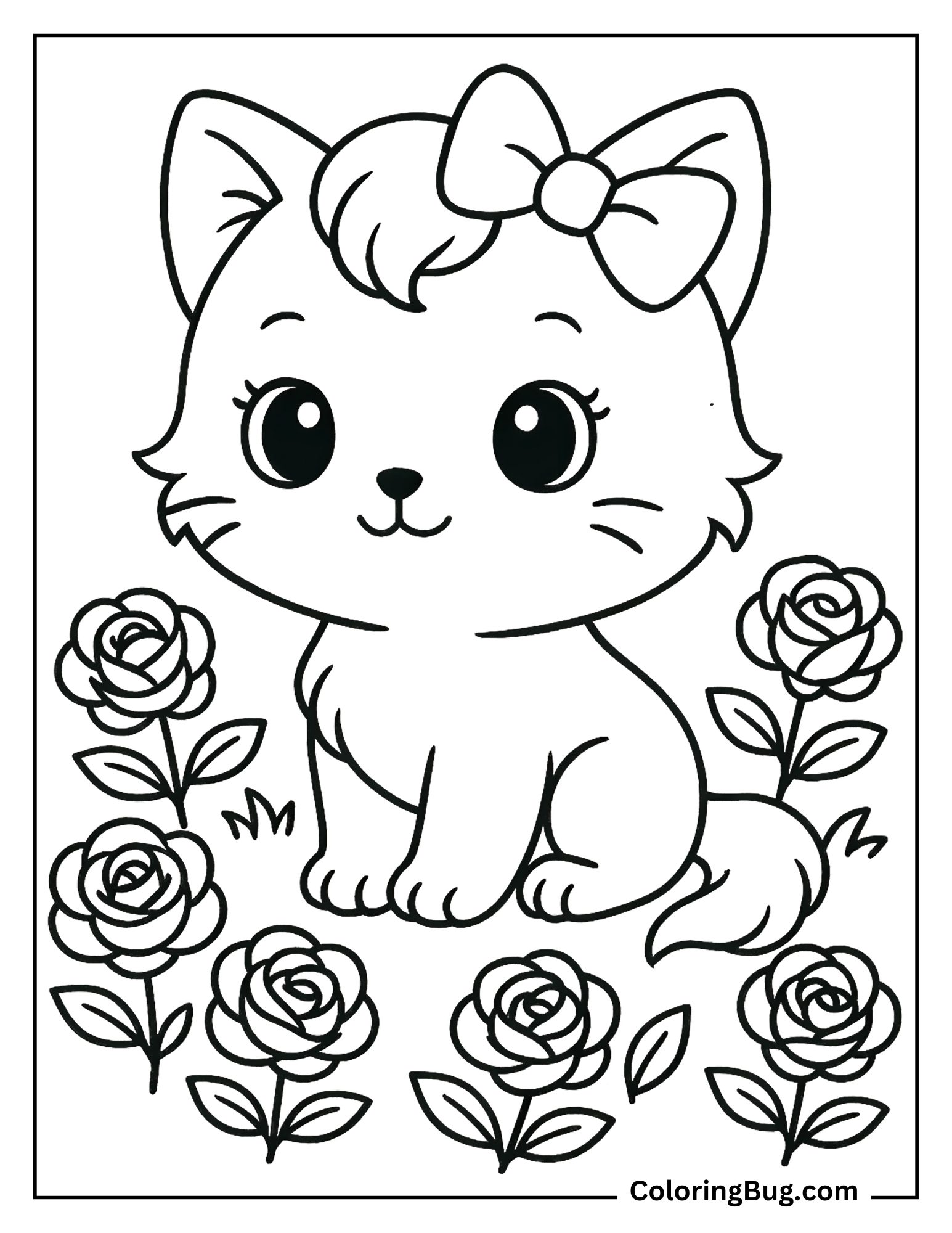 Cute Kitten Sitting in Roses Garden Coloring Sheet
