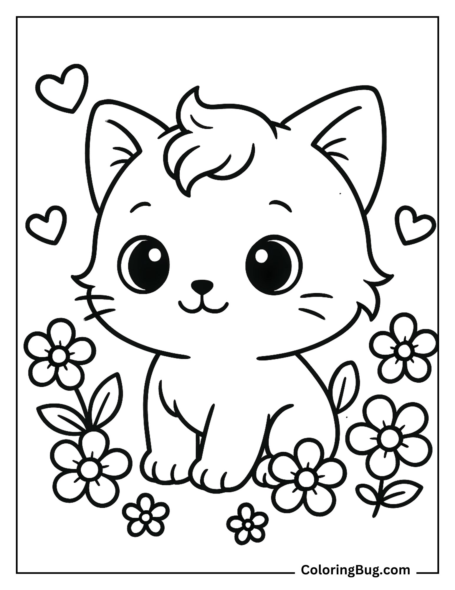 Cute Kitten With Flowers And Hearts Coloring Sheet