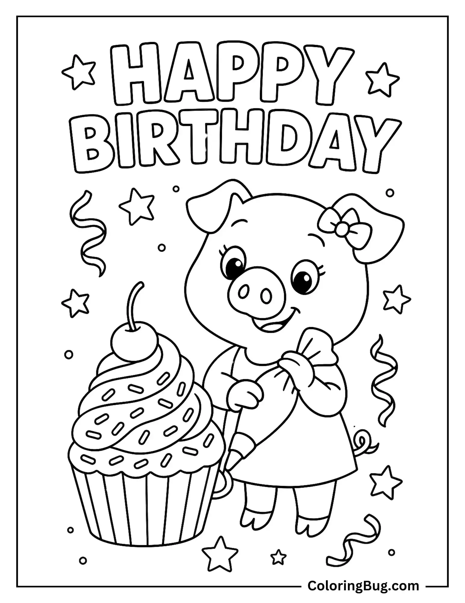 Cute Pig Decorating Birthday Cup Cake Coloring Sheet
