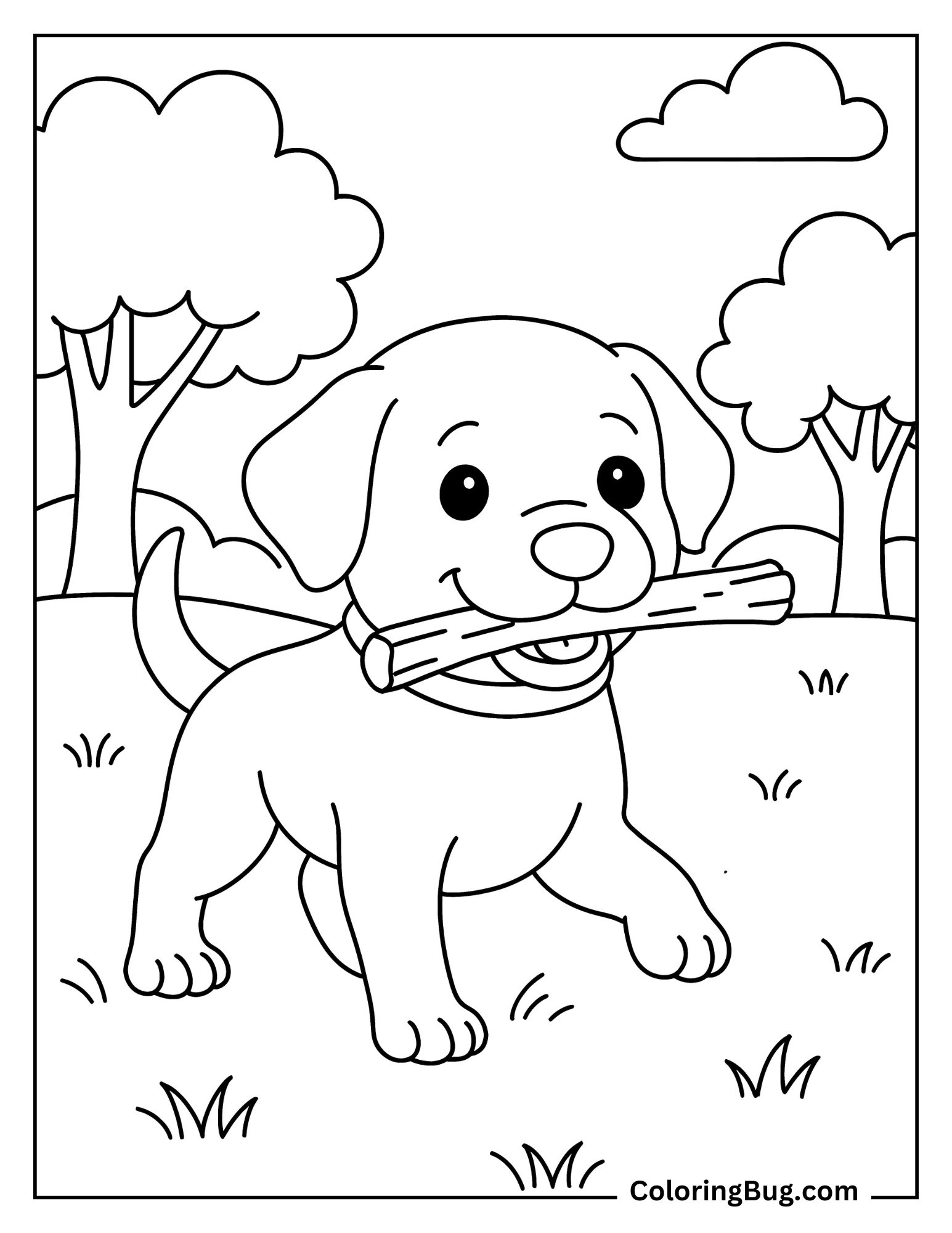 Cute Puppy Playing Fetch in Park Coloring Sheet