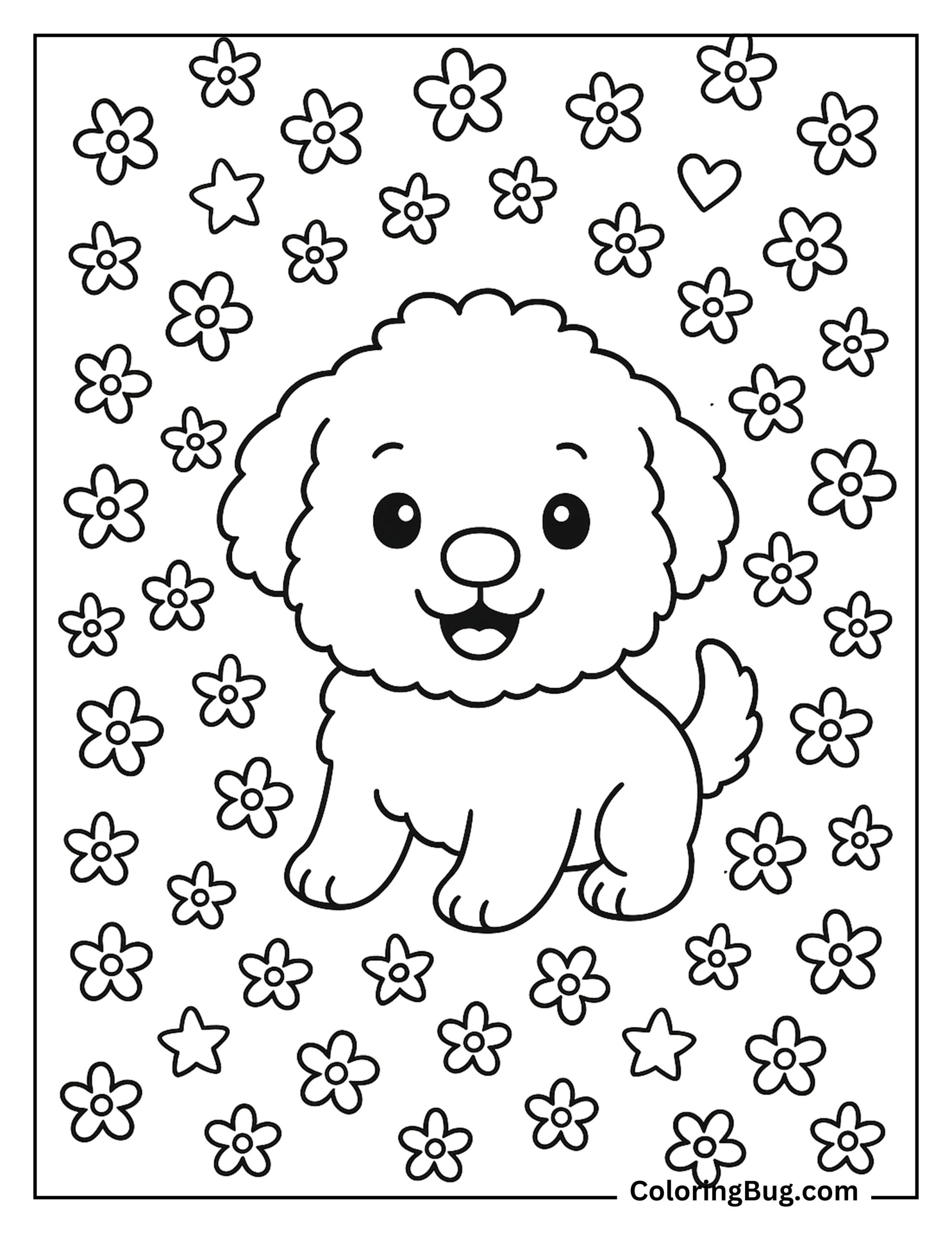 Cute Puppy Surrounded By Flowers And Stars coloring Sheet