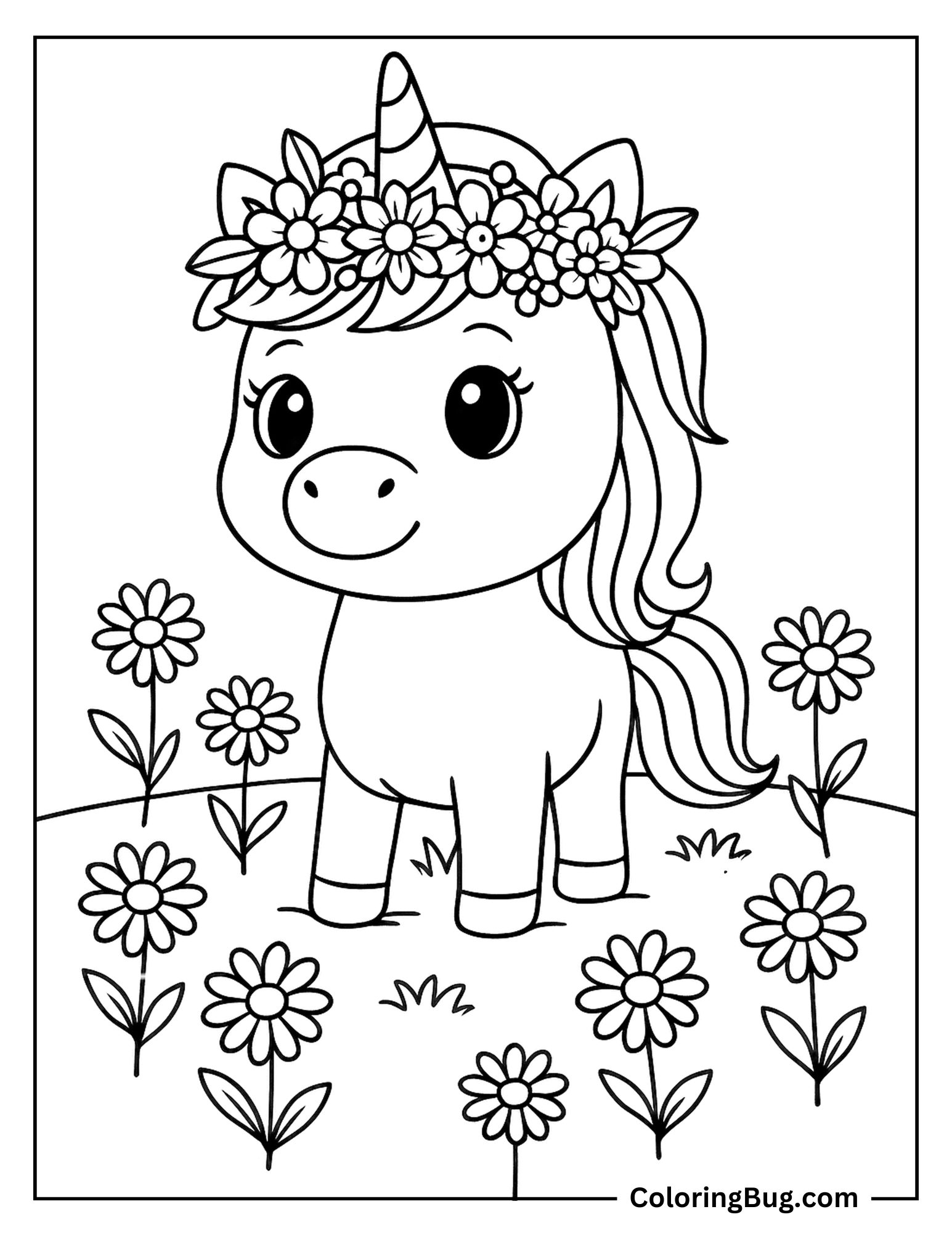 Cute Unicorn Wearing Flowers Crown Coloring Sheet