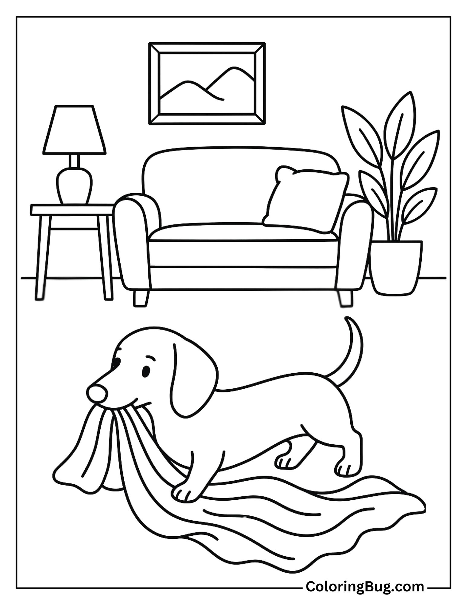 Dachshund Dragging its Blanket Across the Living Room Coloring Sheet