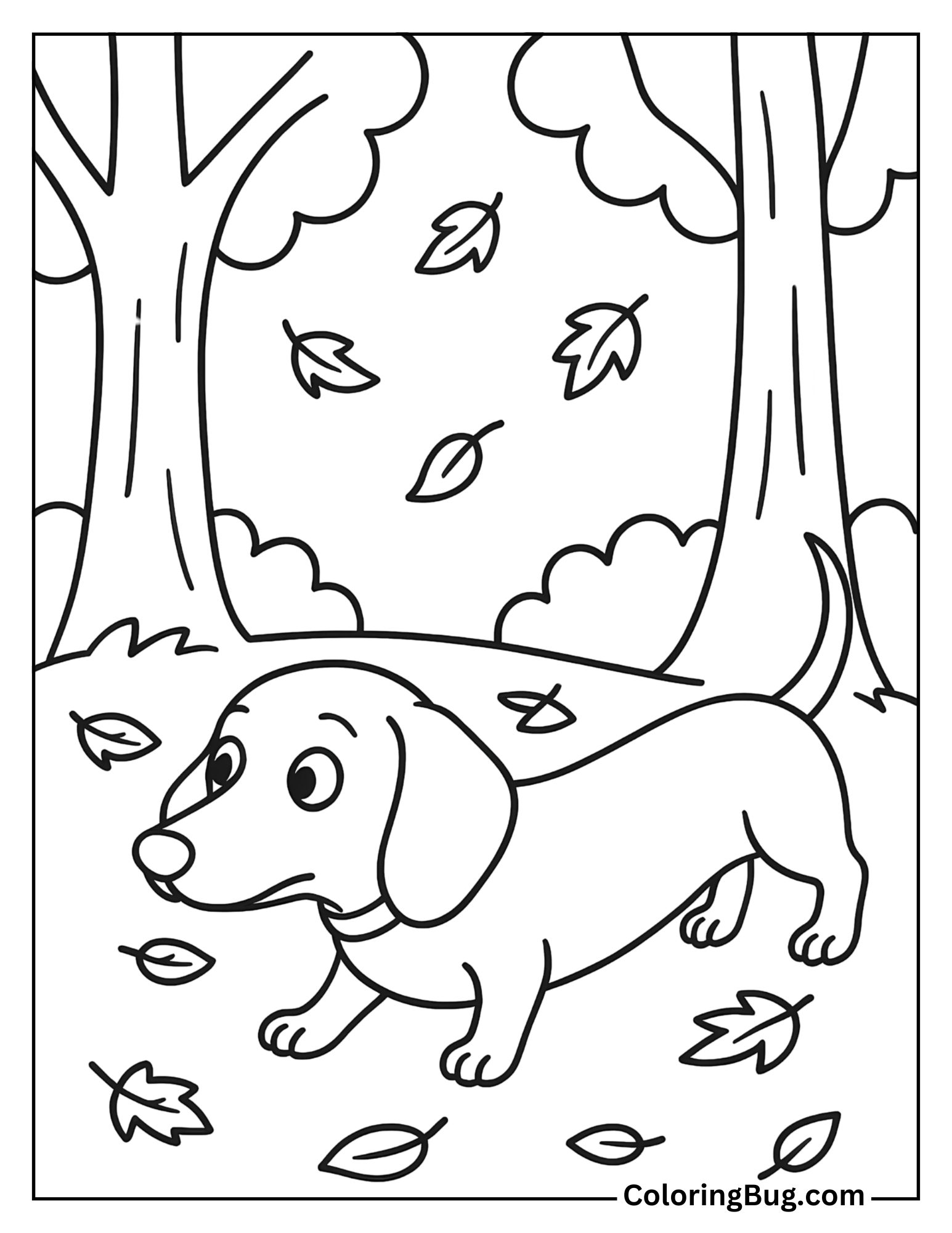 Dachshund Exploring the Woods Coloring Sheet