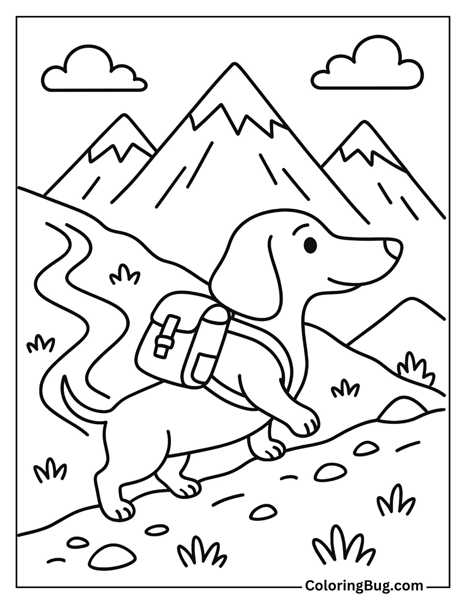 Dachshund Hiking Up a Mountain Trail Coloring Sheet