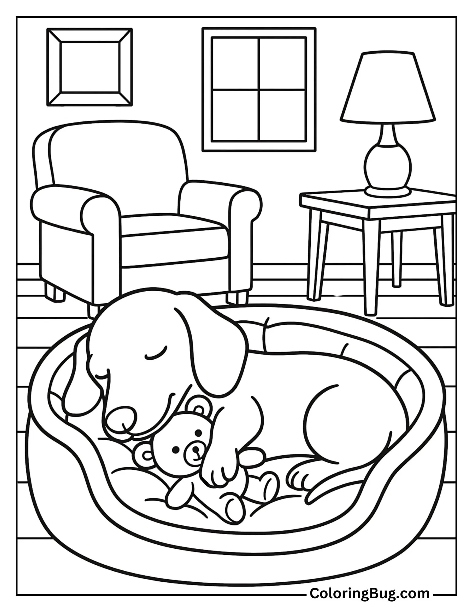 Dachshund Napping in a Cozy Dog Bed with a Teddy Bear Coloring Sheet