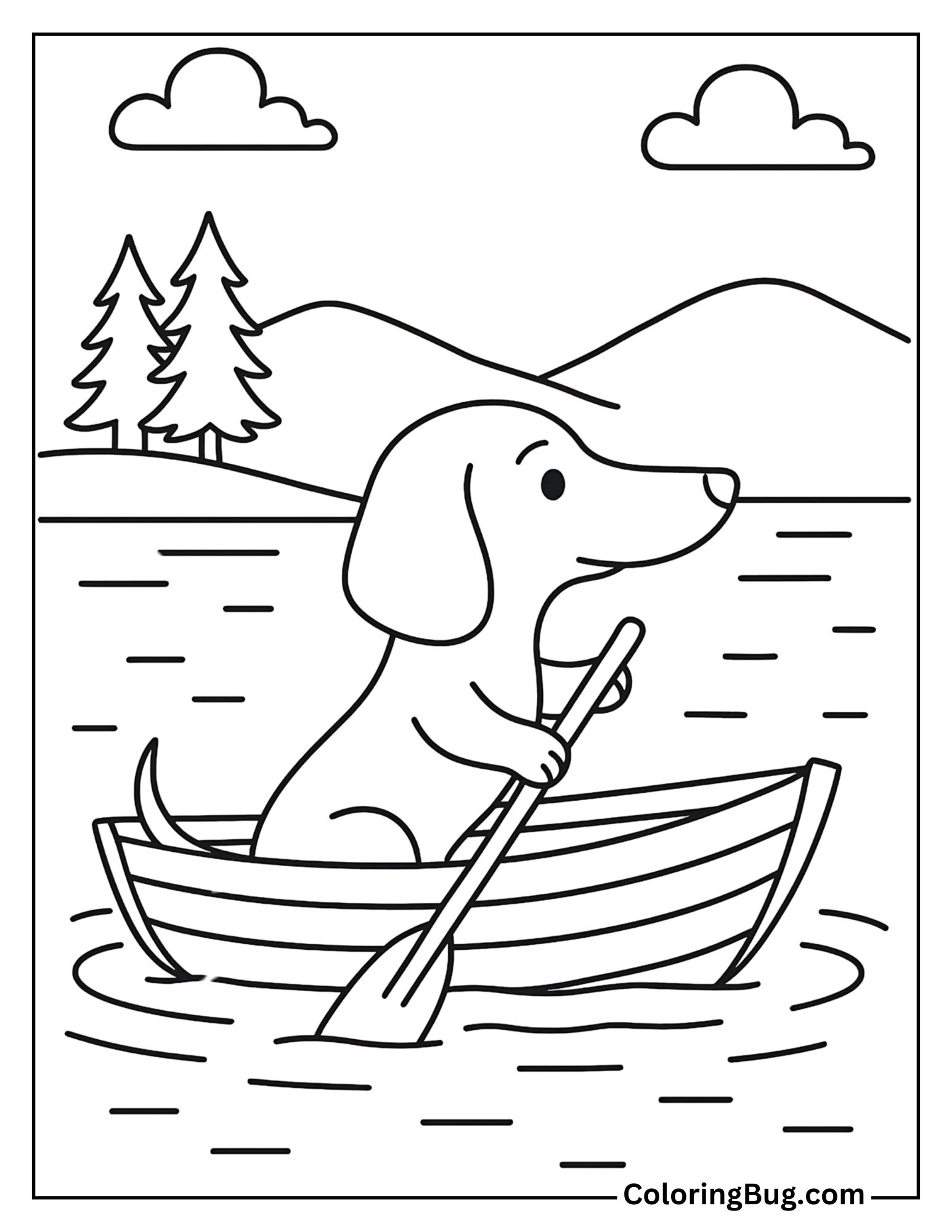 Dachshund Paddling in a Tiny Boat on a Calm Lake Coloring Sheet