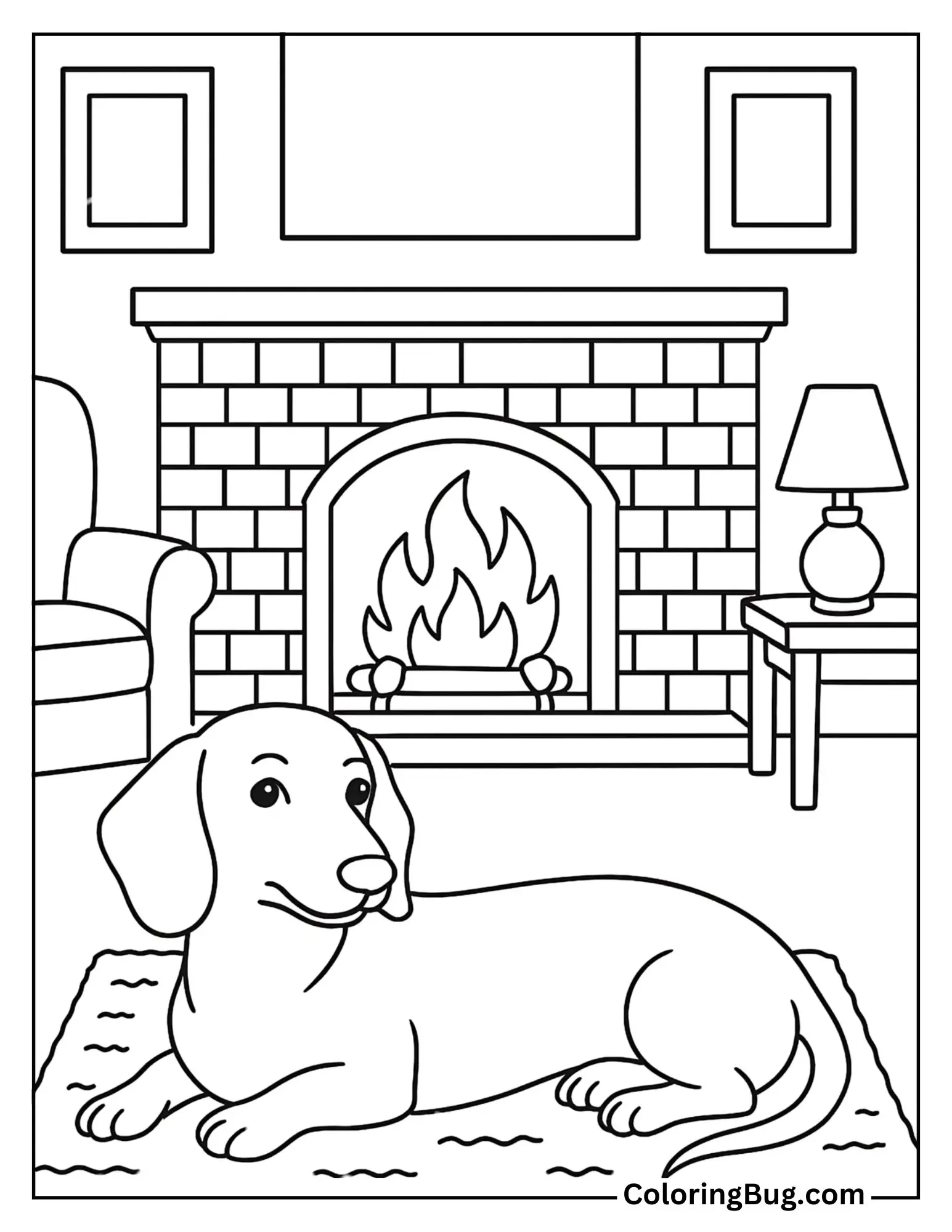 Dachshund Peacefully Lying by the Fireplace Coloring Sheet