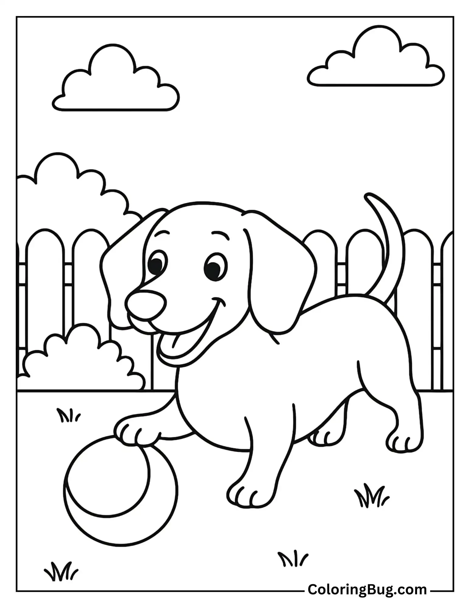 Dachshund Playing with a Ball in the Backyard Coloring Sheet