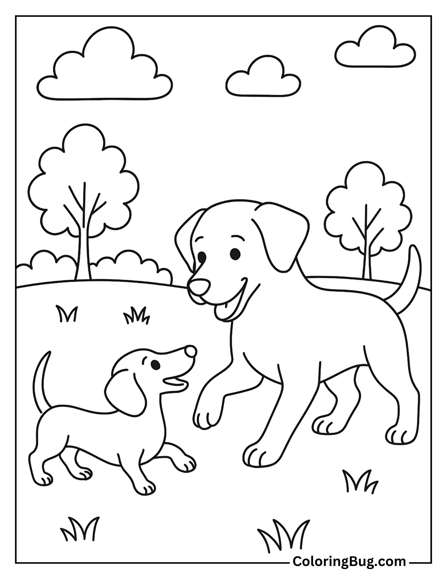 Dachshund Playing with a Labrador Friend in the Park Coloring Sheet