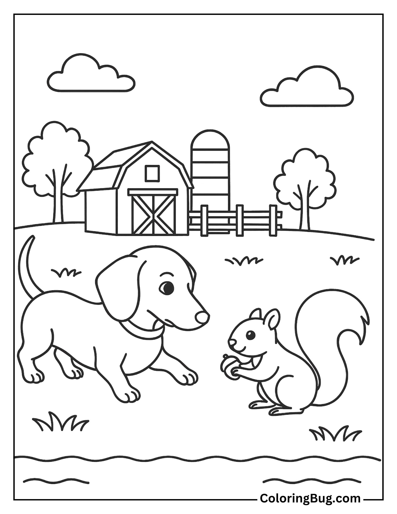 Dachshund Playing with a Squirrel in the Farm Coloring Sheet