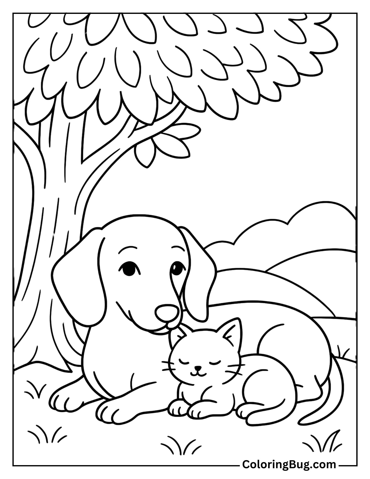 Dachshund Resting with a Kitten Under a Tree Coloring Sheet