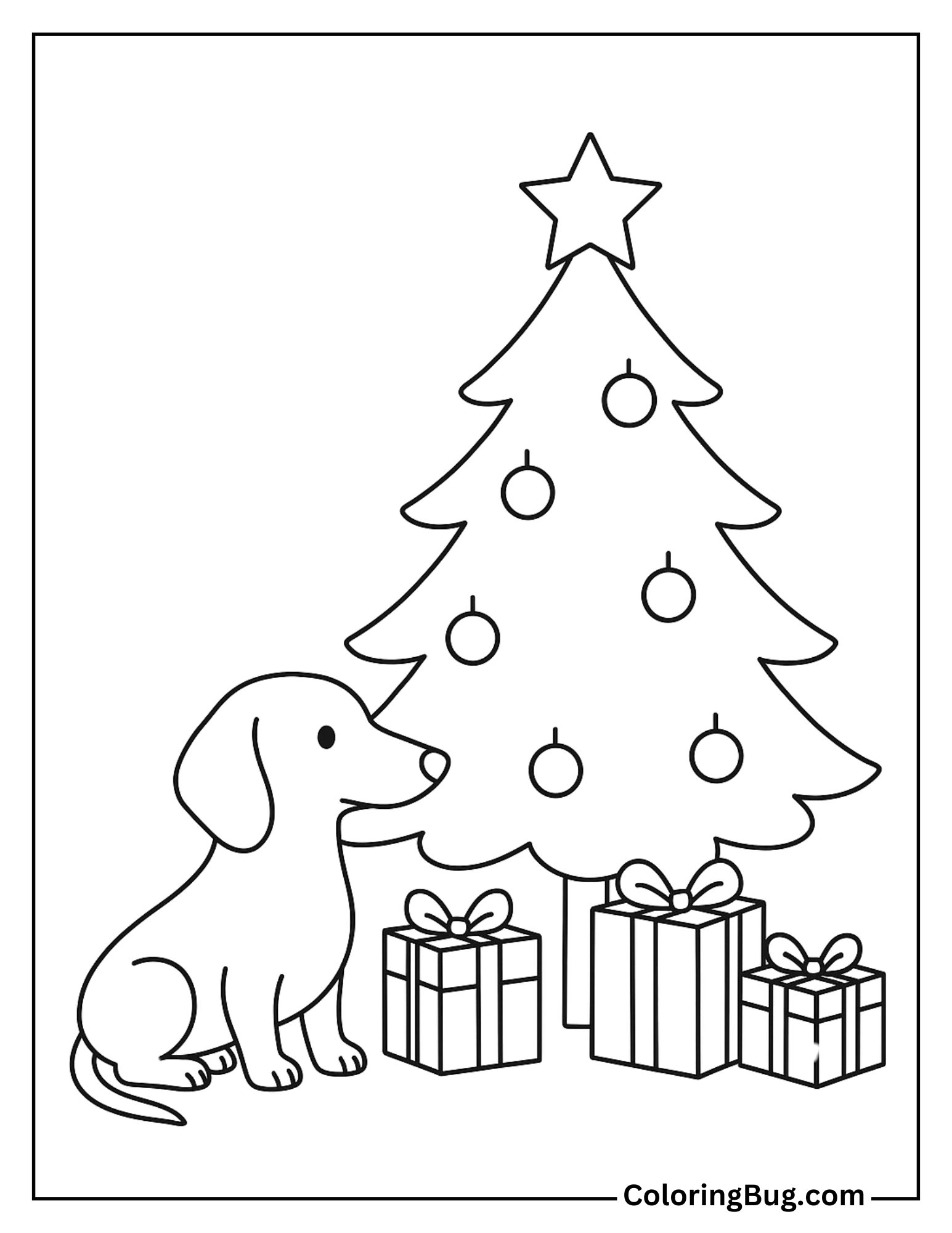 Dachshund Sitting by a Christmas Tree with Wrapped Presents Coloring Sheet