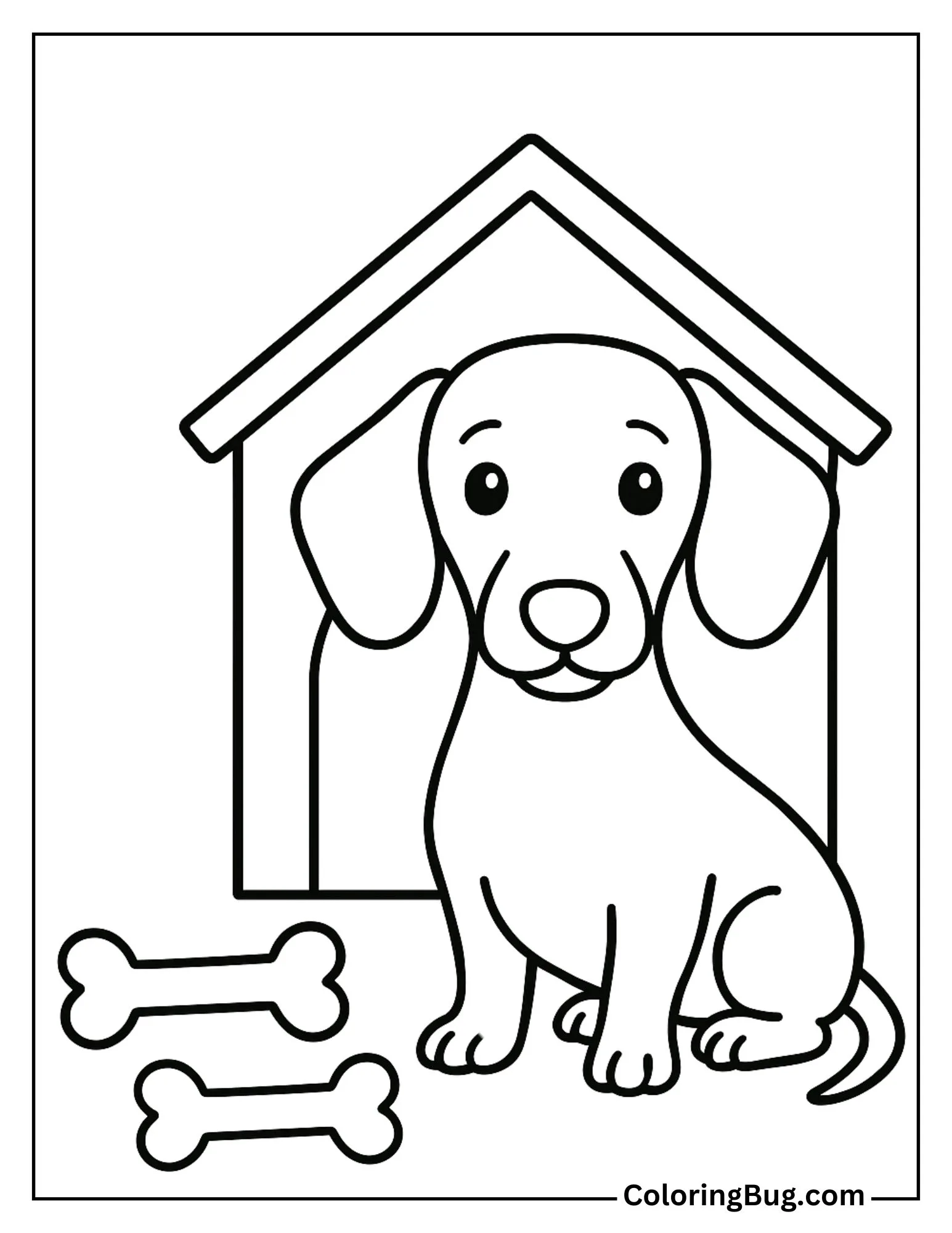 Dachshund Sitting in Front of Doggy House Coloring Sheet