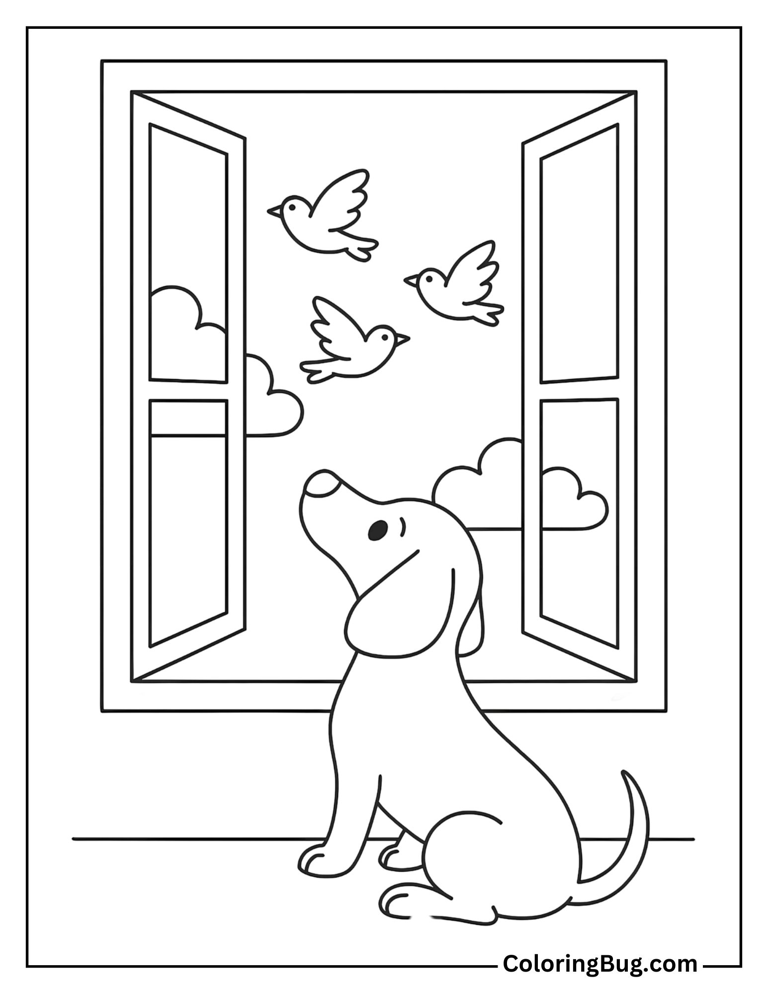 Dachshund Watching Birds Fly From the Window Coloring Sheet