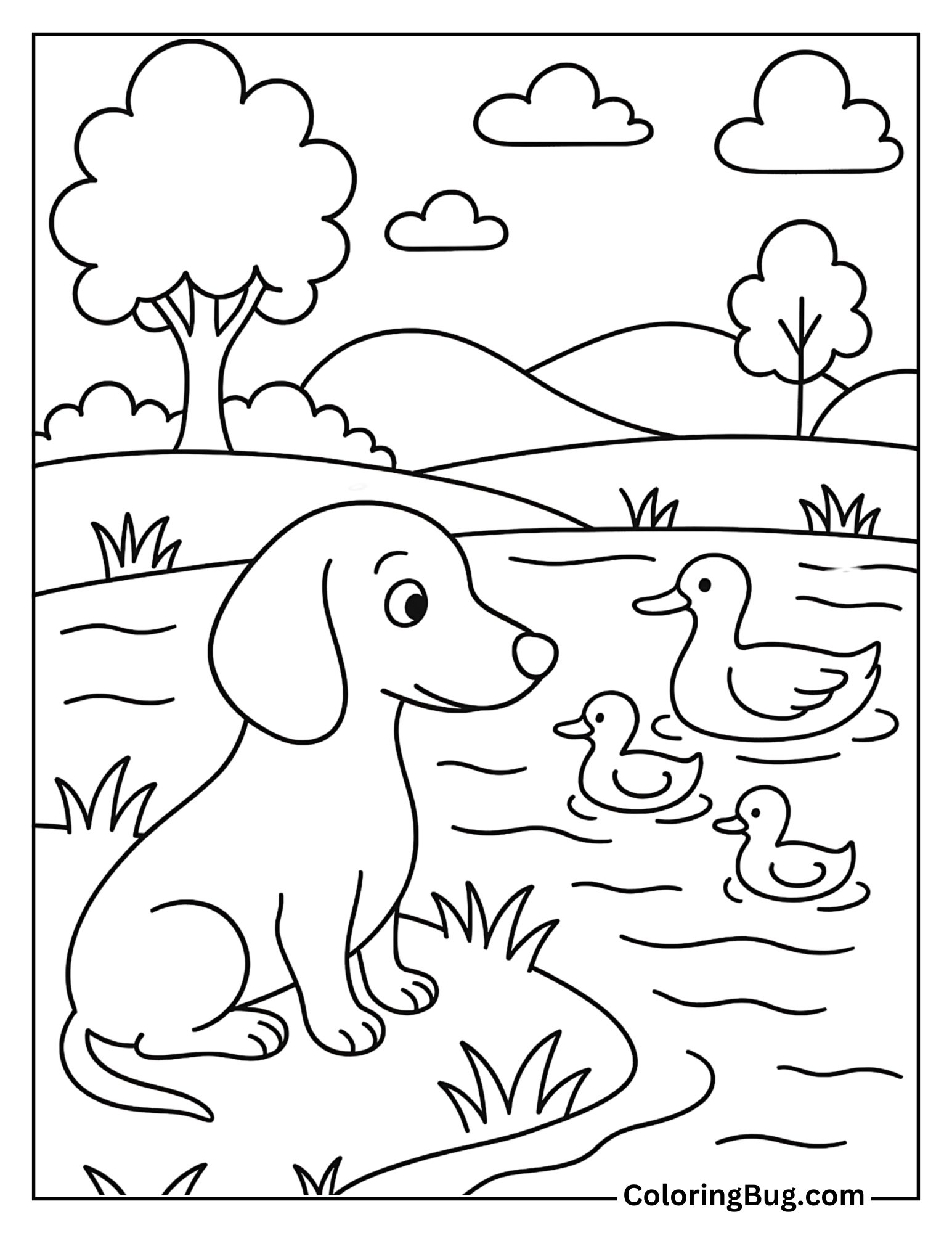 Dachshund Watching Ducks Swimming in a Pond Coloring Sheet