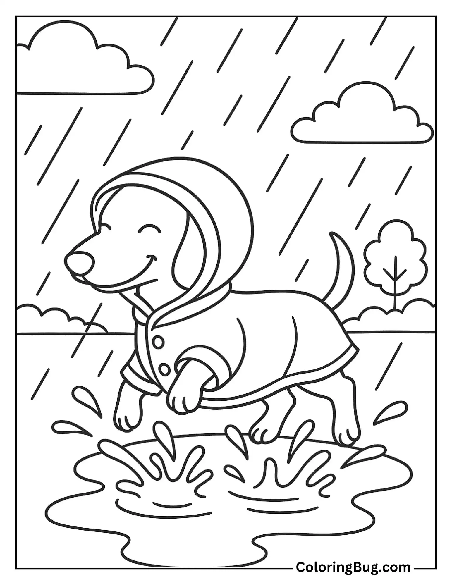 Dachshund Wearing a Raincoat and Splashing in Puddles Coloring Sheet