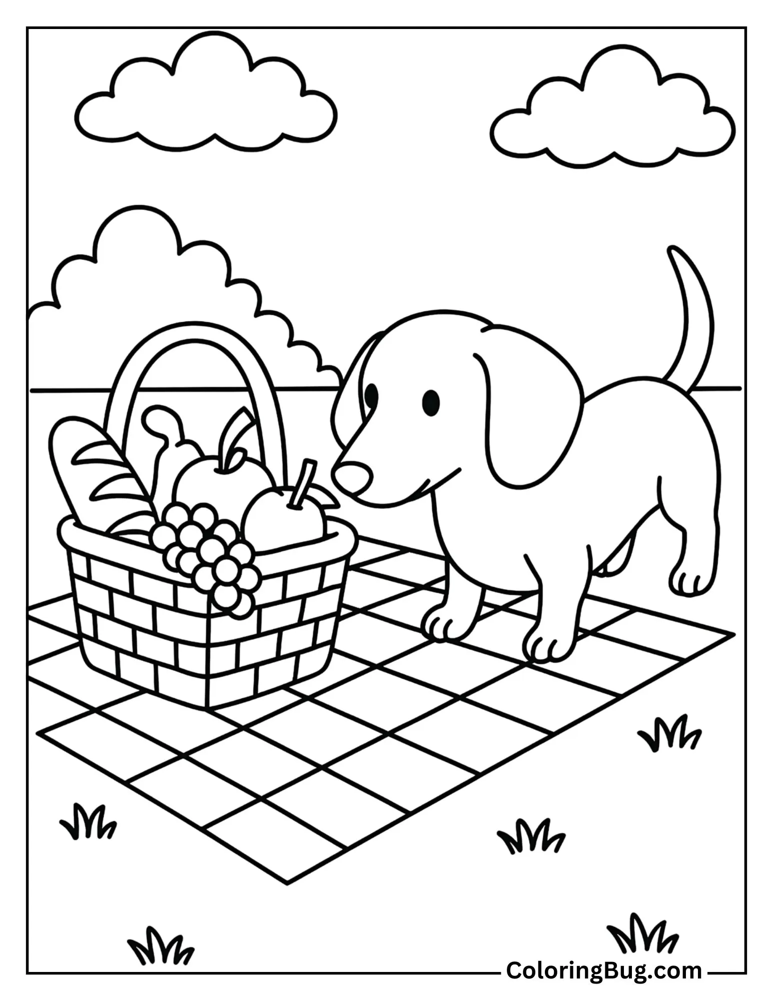 Dachshund in a Picnic Scene, Sniffing at a Basket Full of Food Coloring Sheet