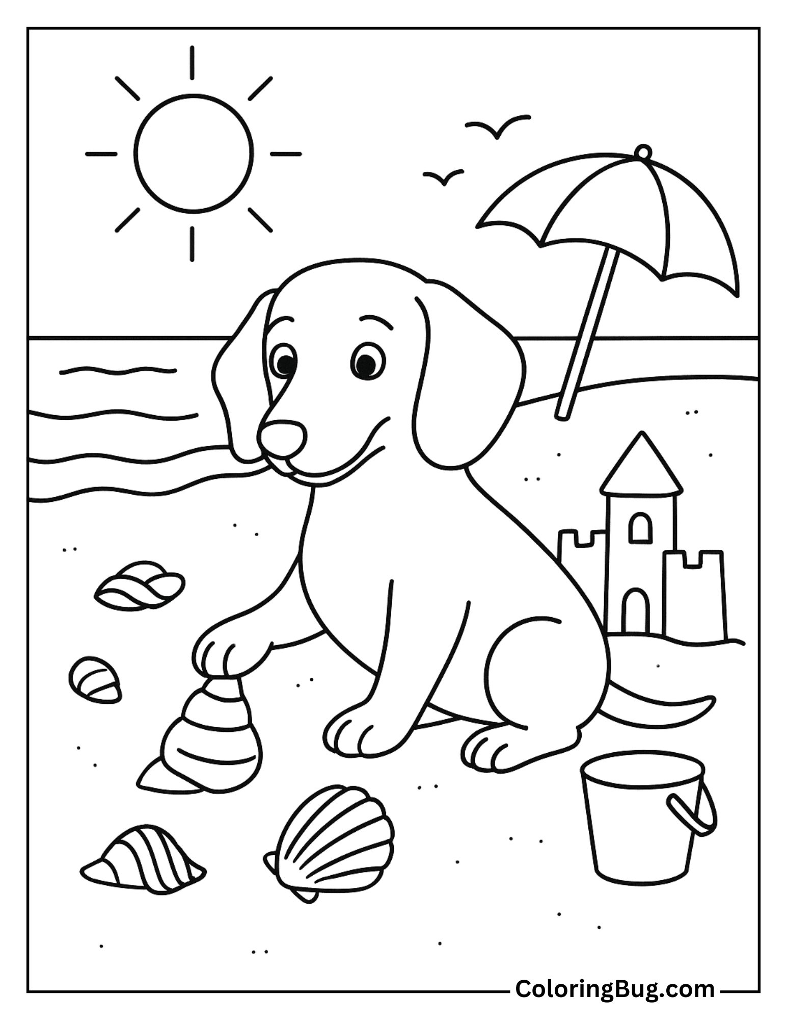 Dachshund on a Beach, Playing with Seashells Coloring Sheet