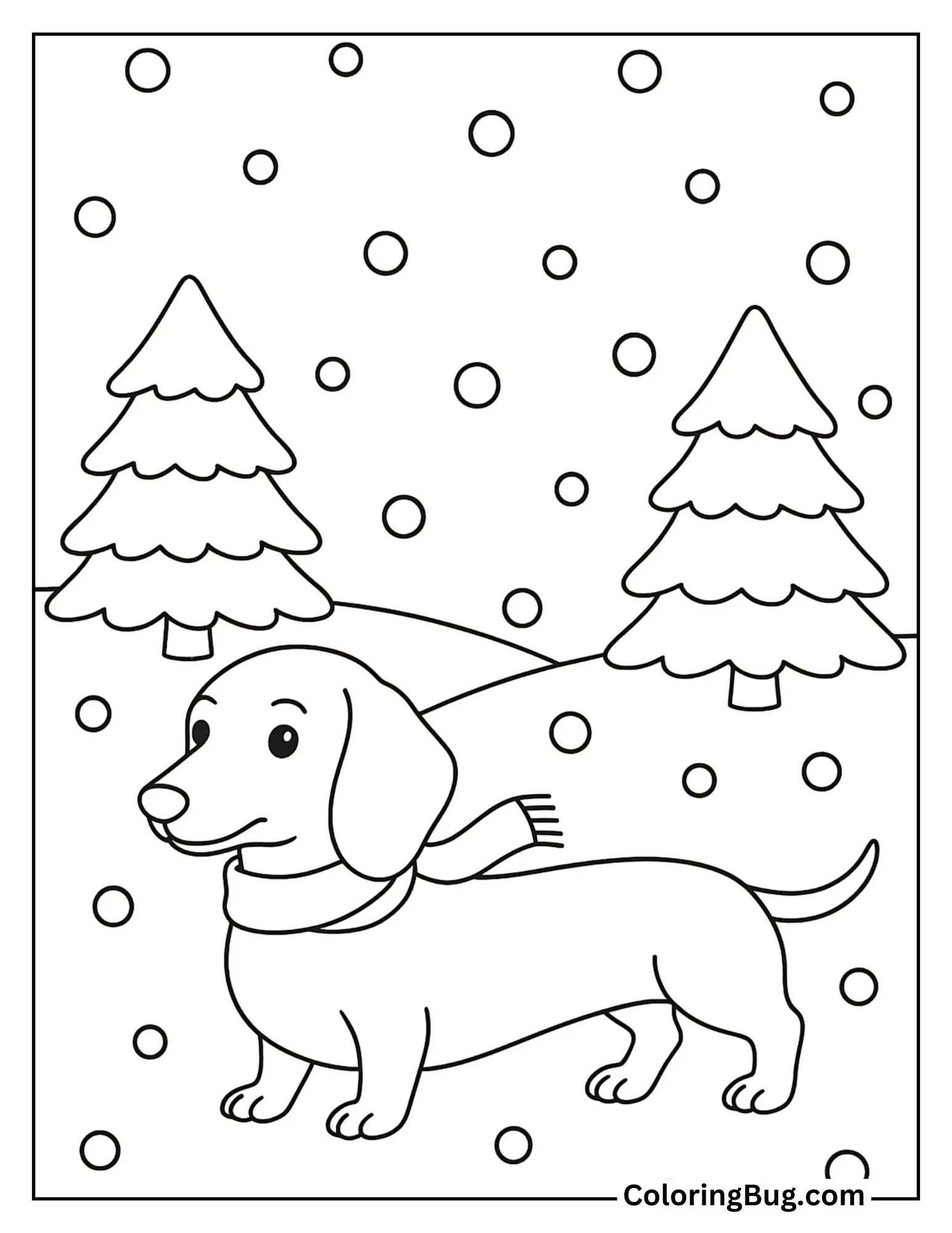 Dachshund with a Tiny Scarf During the Winter Snow Coloring Sheet