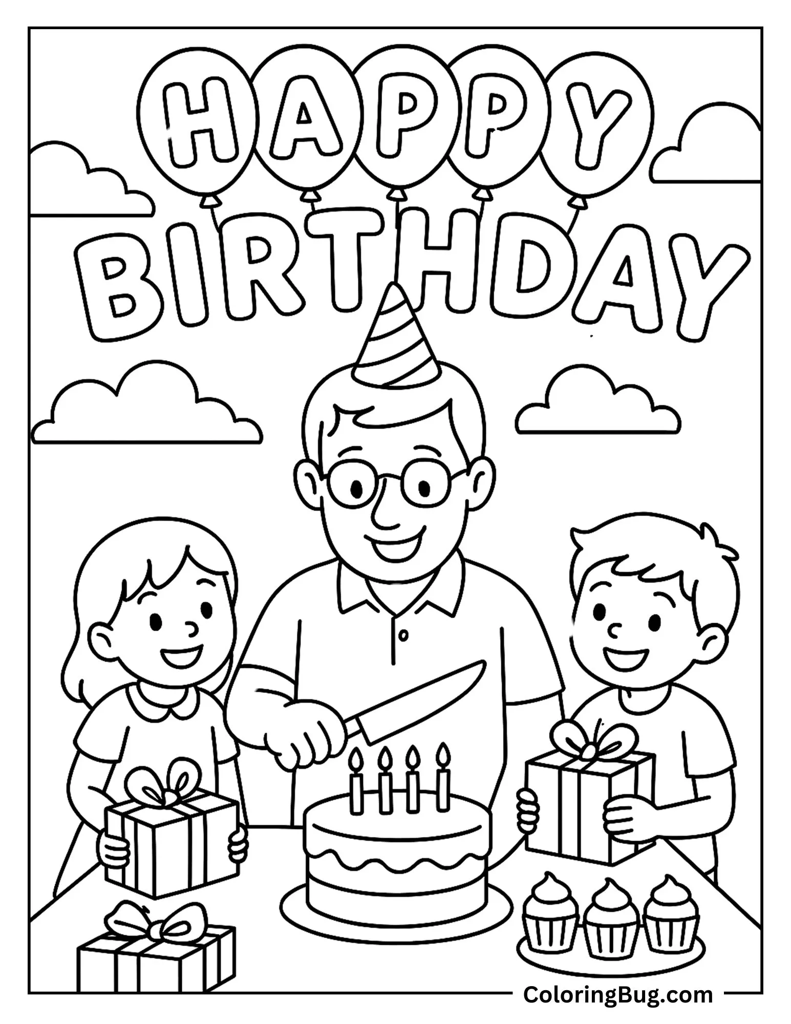 Dad Celebrating His Birthday With His Kids Coloring Sheet