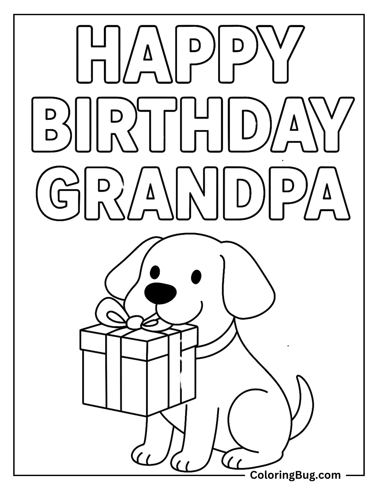 Dog Carrying Gift in Its Mouth For Grandpa Coloring Sheet