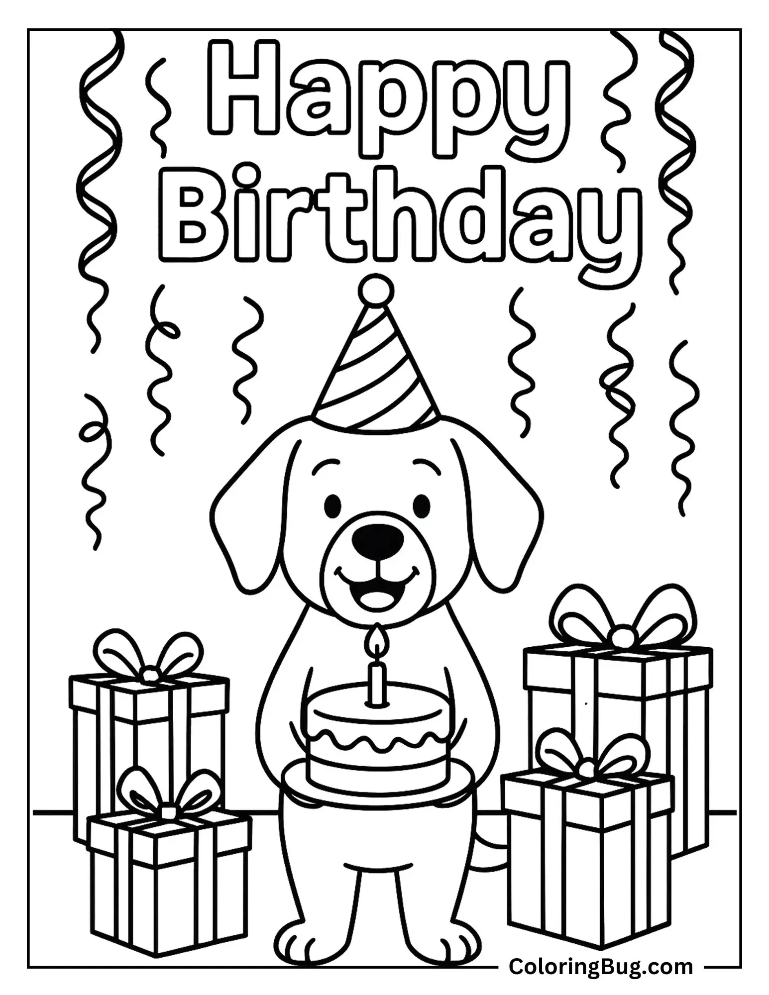 Dog Celebrating its Birthday Coloring Sheet