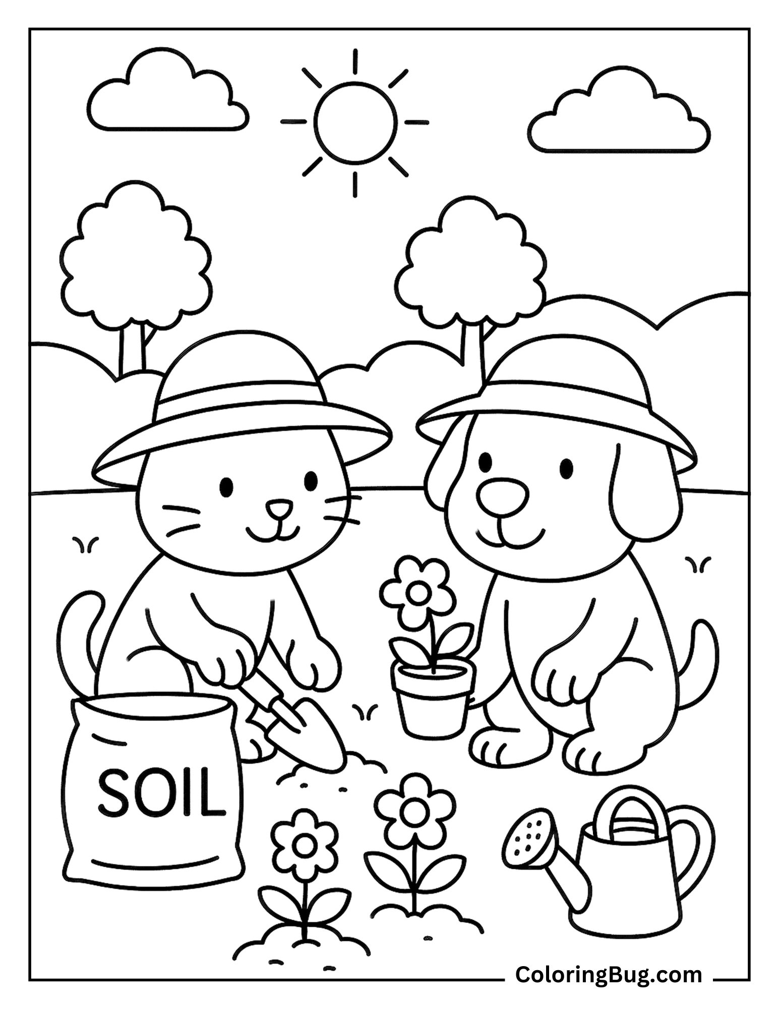 Dog and Cat Planting Flowers in a Garden Coloring Sheet