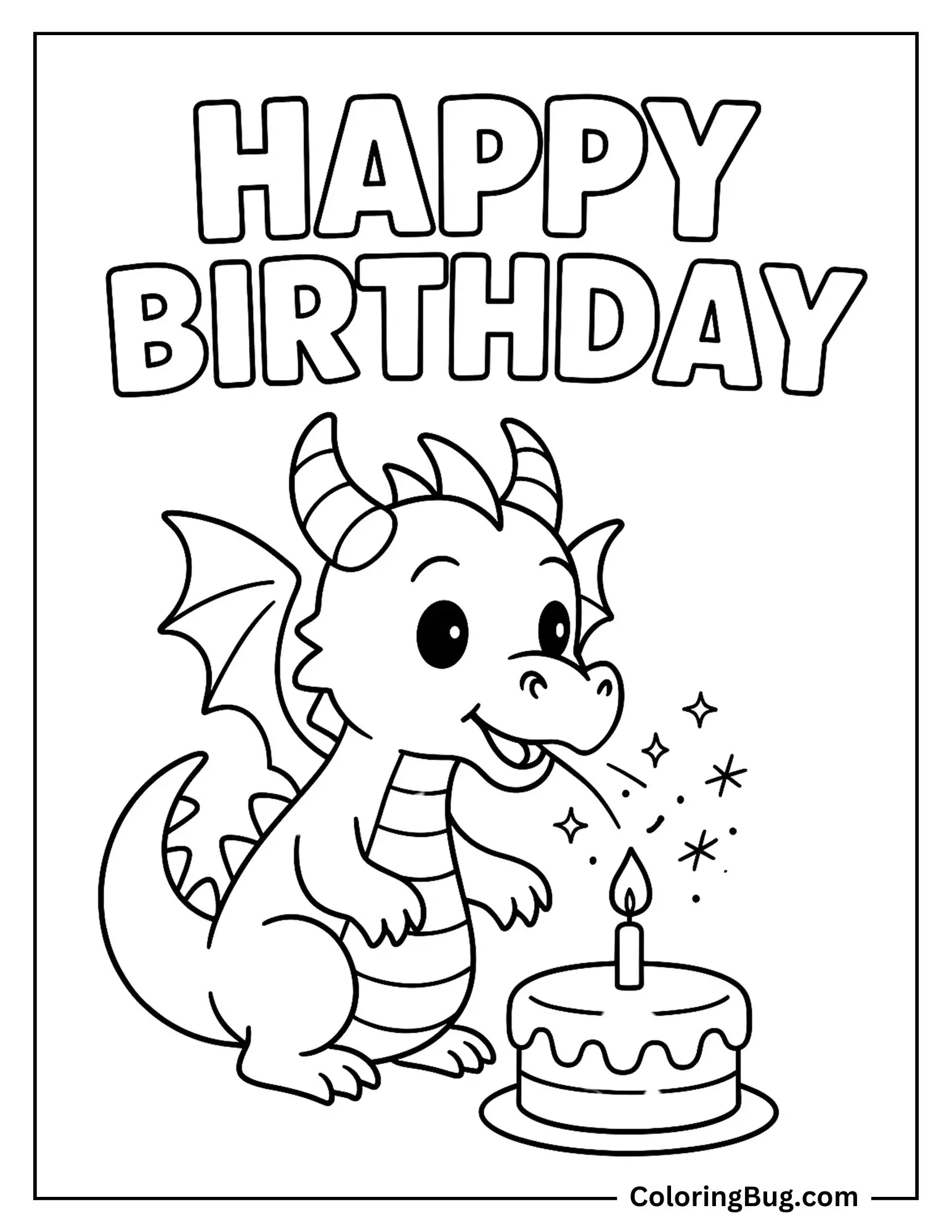 Dragon Breathing Birthday Sparkles Over a Cake Coloring Sheet