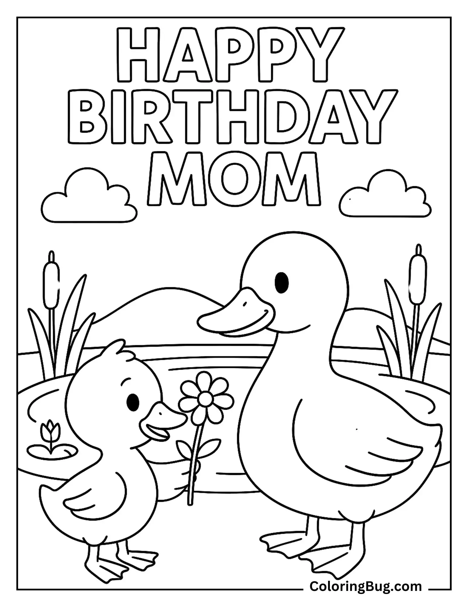 Duckling Giving a Flower to Mama Duck in Front of a Pond Coloring Sheet