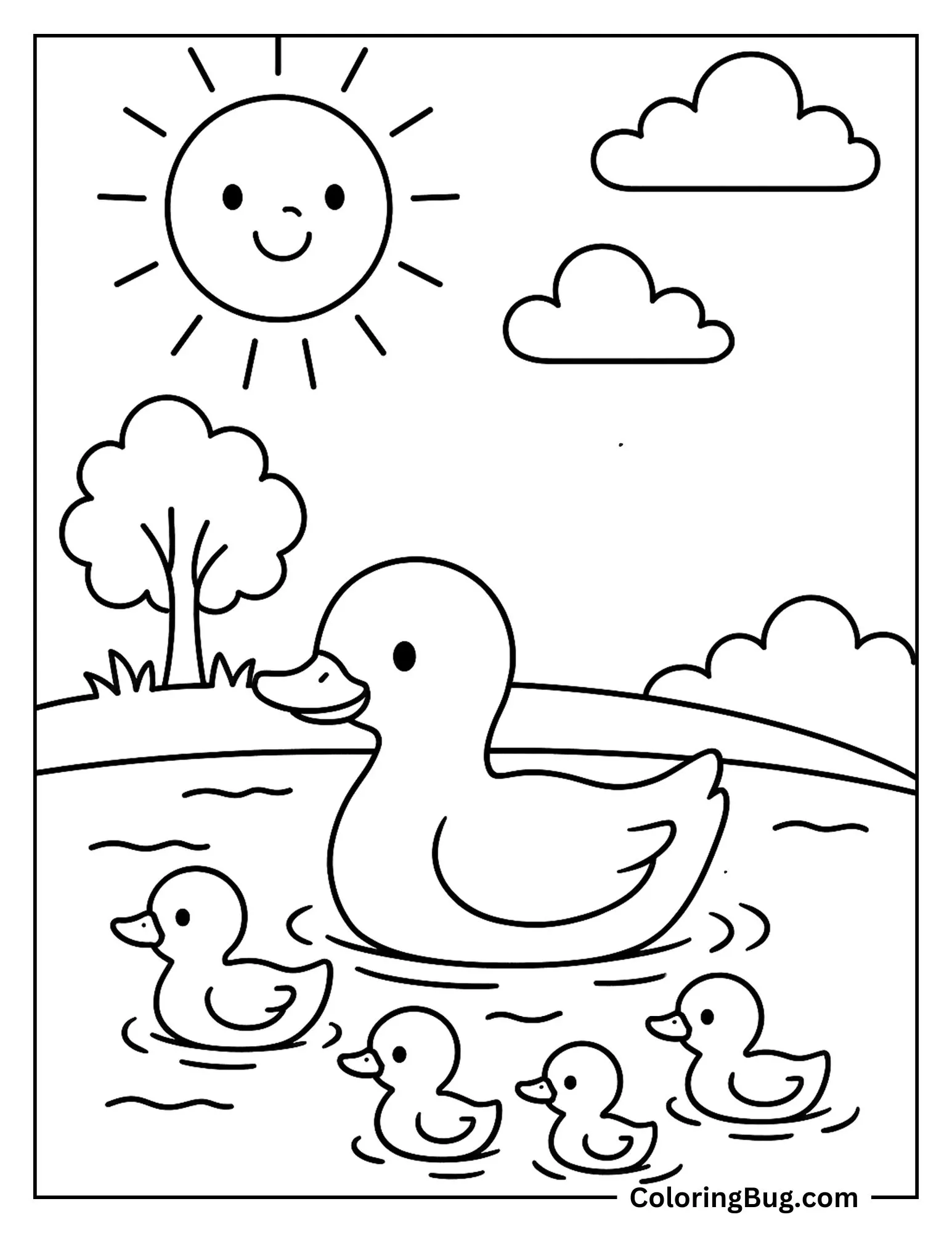 Ducks Swimming in Pond on Sunny Day Coloring Sheet