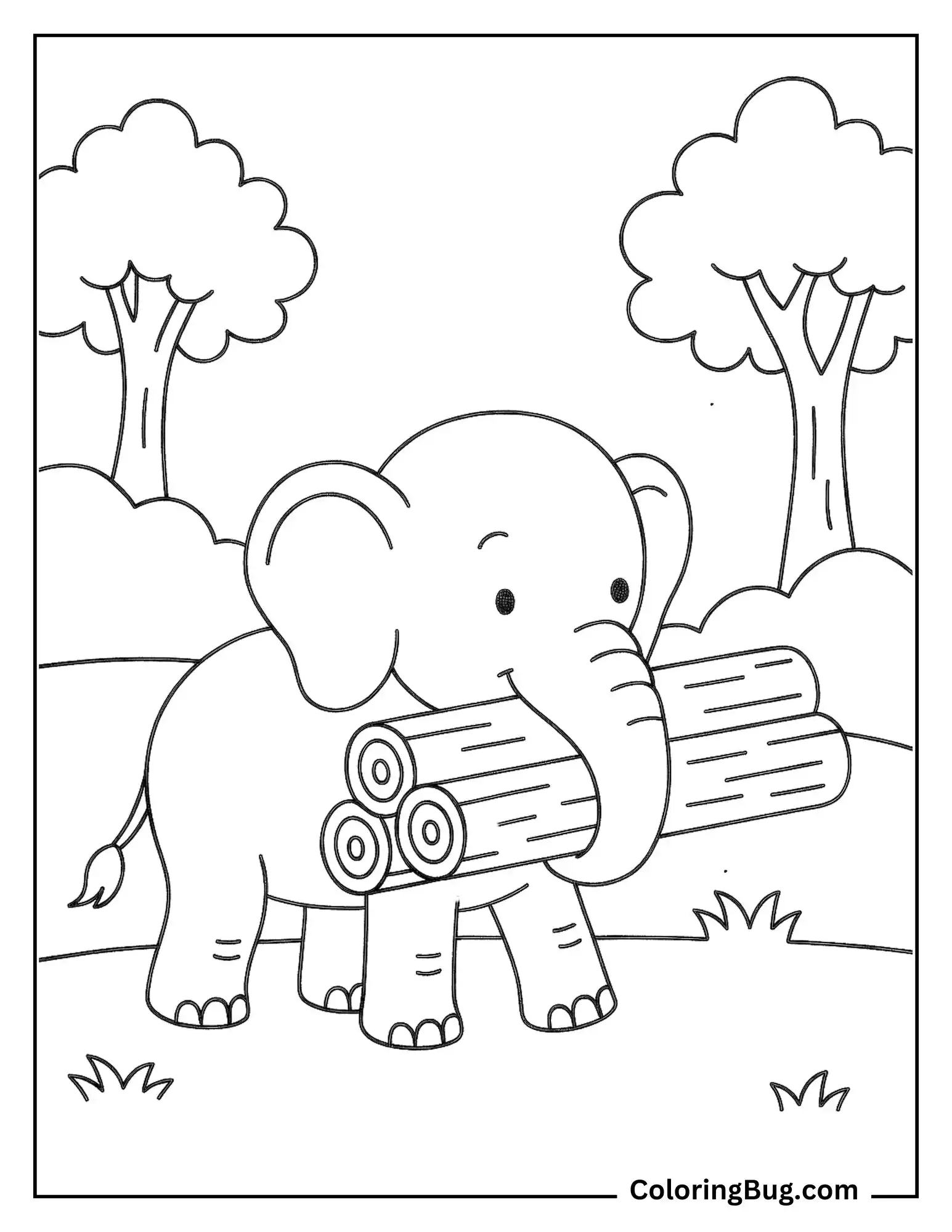Elephant Helping Carry Logs With Its Trunk Coloring Sheet