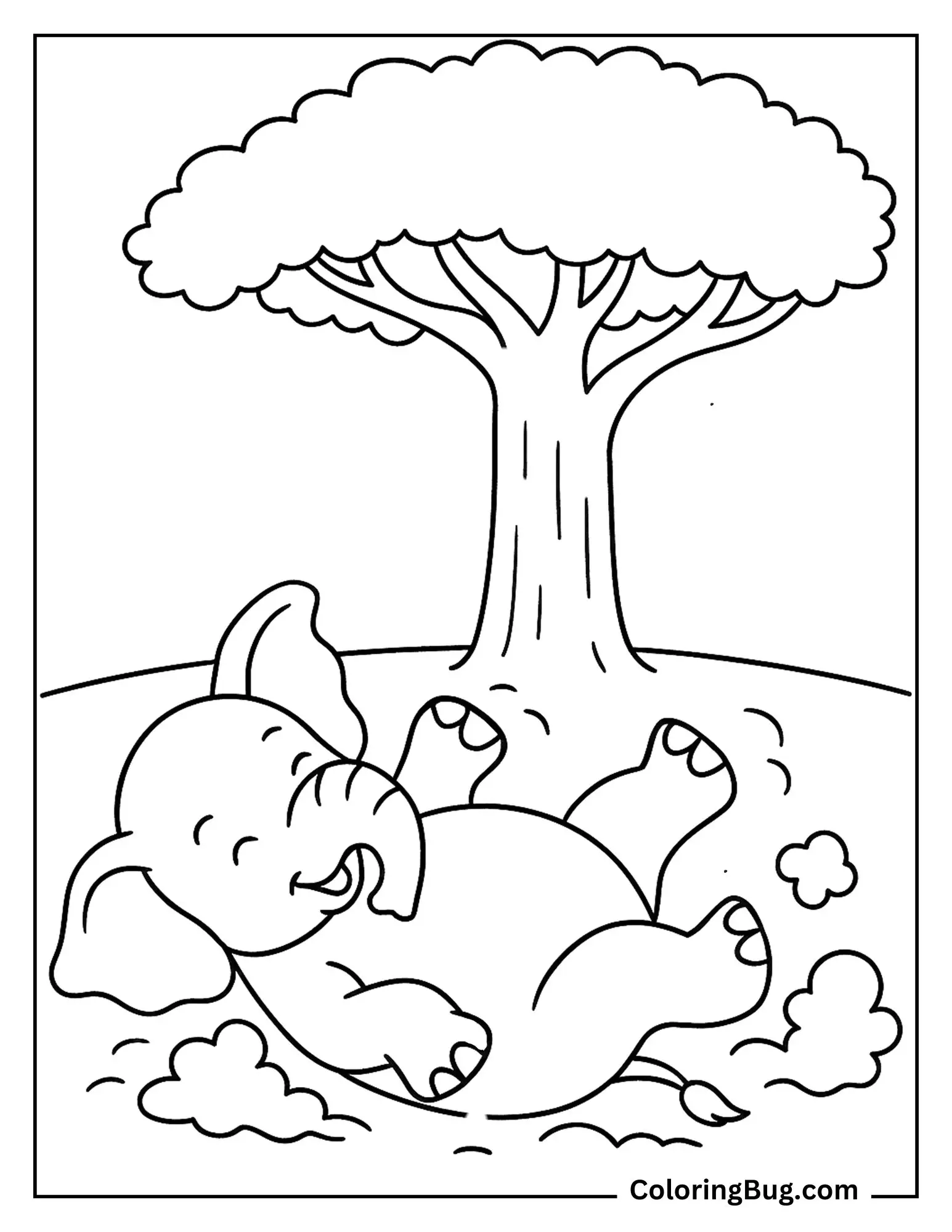 Elephant Rolling on the Dusty Ground Under a Baobab Tree Coloring Sheet