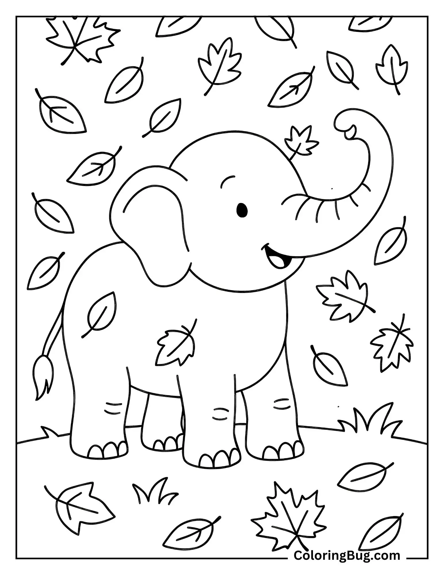 Elephant Standing Among Falling Autumn Leaves Coloring Sheet