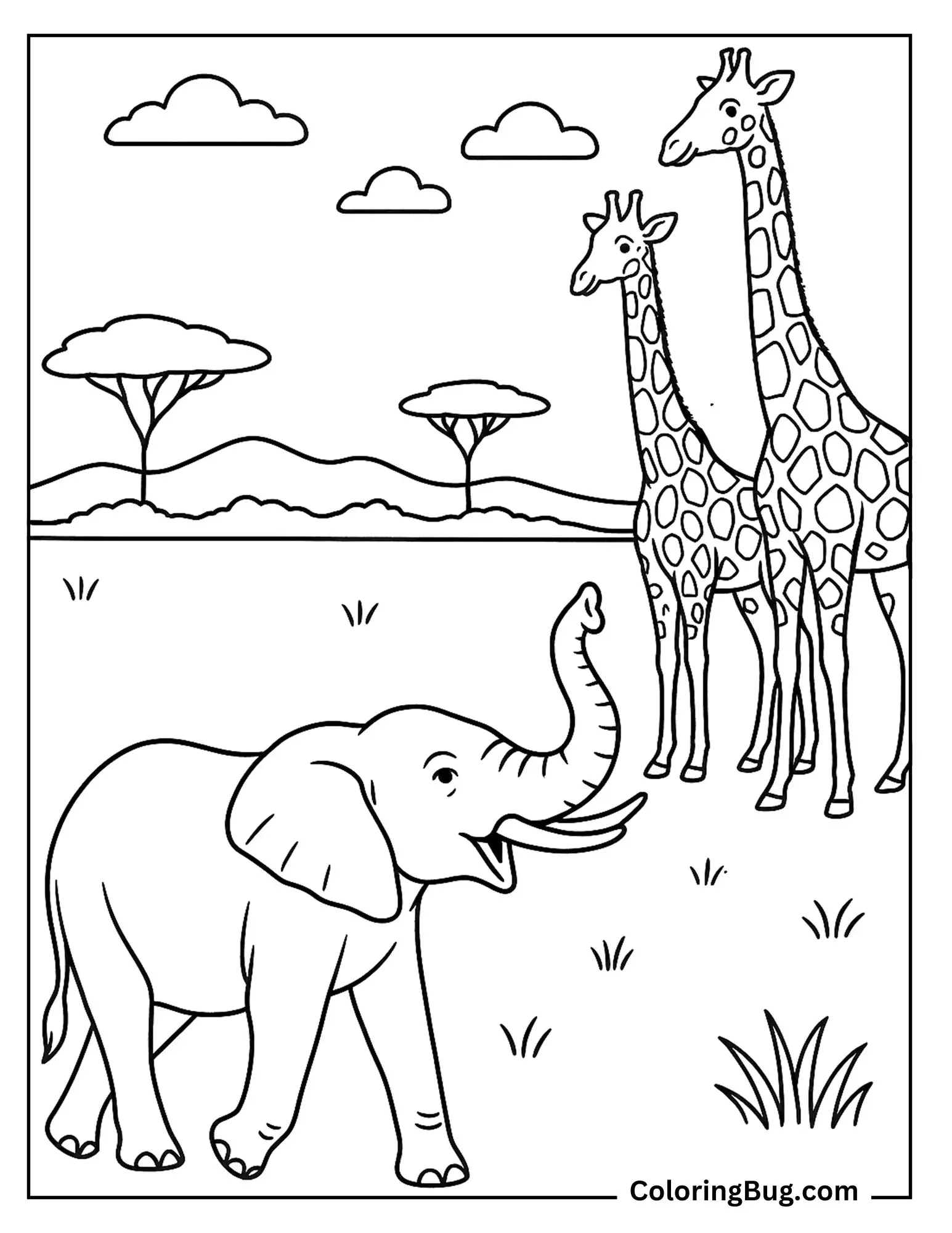 Elephant Trumpeting Near Two Giraffes Coloring Sheet
